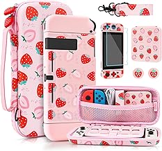RHOTALL Cute Strawberry Carrying Case for Nintendo Switch, Hard Portable Travel Case for Switch Accessories with Protective Shell, Shoulder Strap, Game Card Case, Screen Protector and 2 Thumb Caps