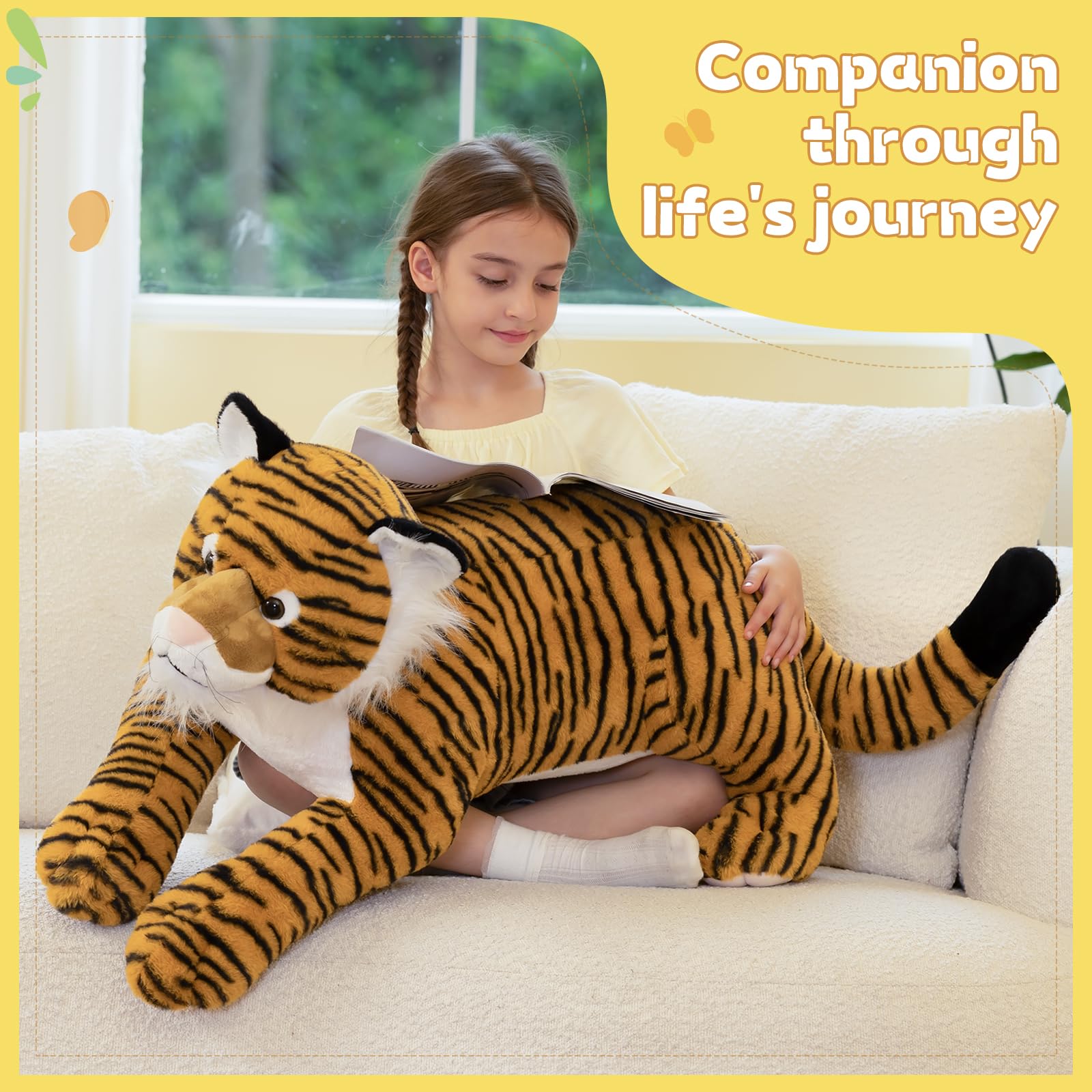 KERTA 43.3inch Giant Tiger Stuffed Animal, Hugging Soft Tiger Plush Body Pillow for Boys Girls, Realistic Large Stuffed Tiger Plush Toy Gift for Christmas Birthday Decor 2