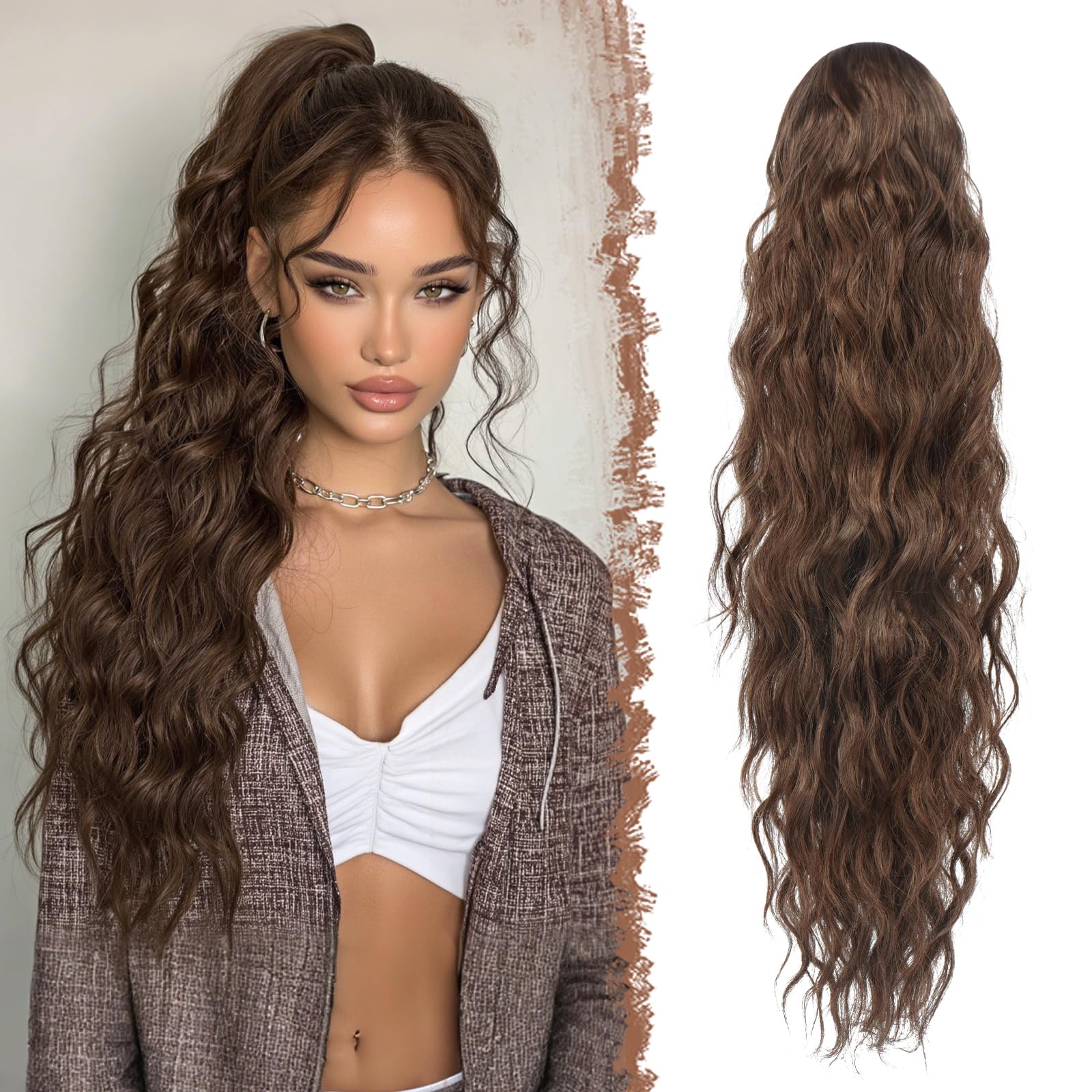 FESHFEN Ponytail Cheveux Naturel Cordon Ponytails Extension Longue Pointes Marron Bouclée Ondulée Postiche Queue de Cheval Extension Synthétique Rajout Cheveux pour Femmes 65 cm