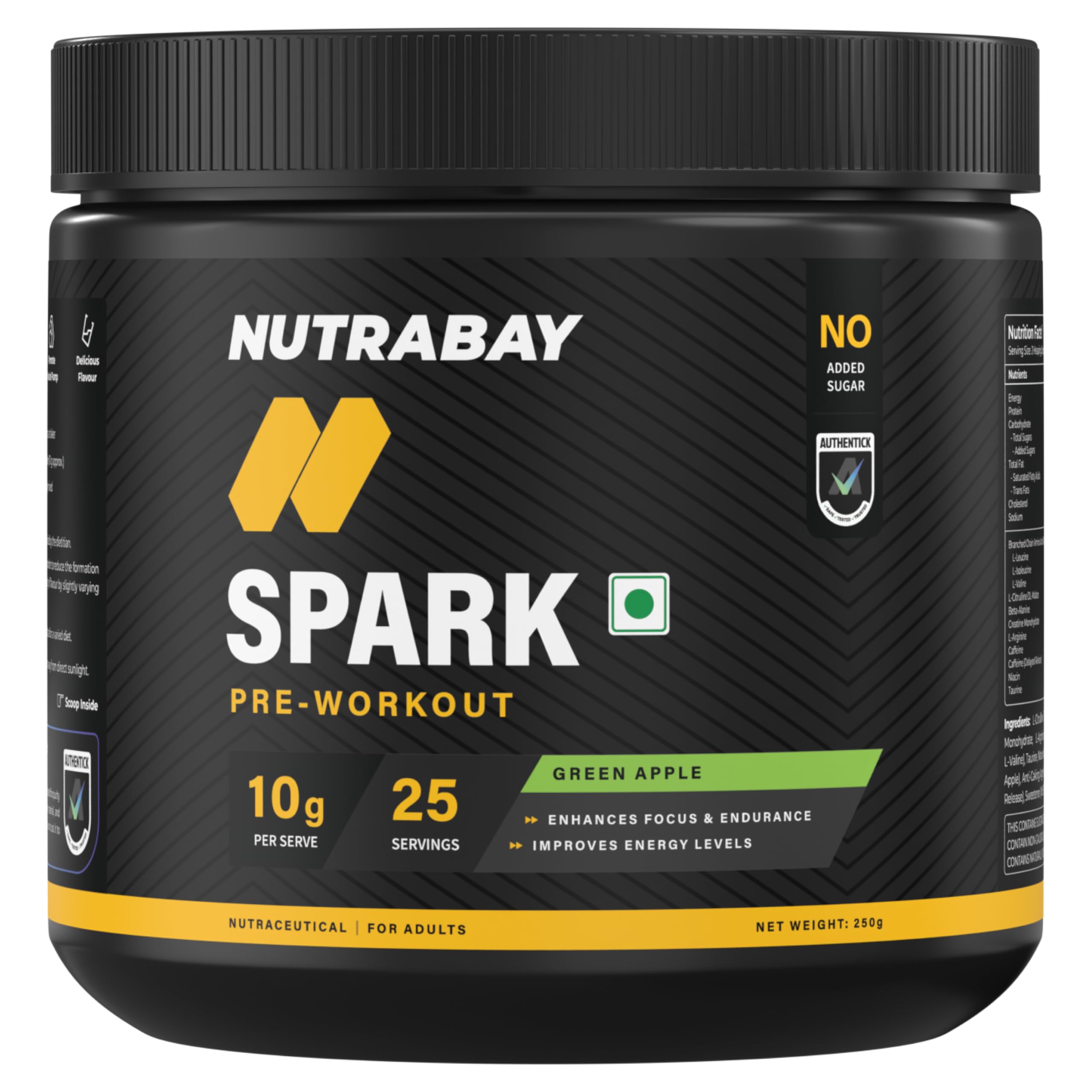 Nutrabay Gold Spark Pre Workout Supplement Powder - 250g, Green Apple | 300mg Caffeine, 1000mg L-Arginine, 3000mg Beta Alanine, 2500mg Citrulline Malate | Muscle Pump & Performance | For Men & Women-image-41