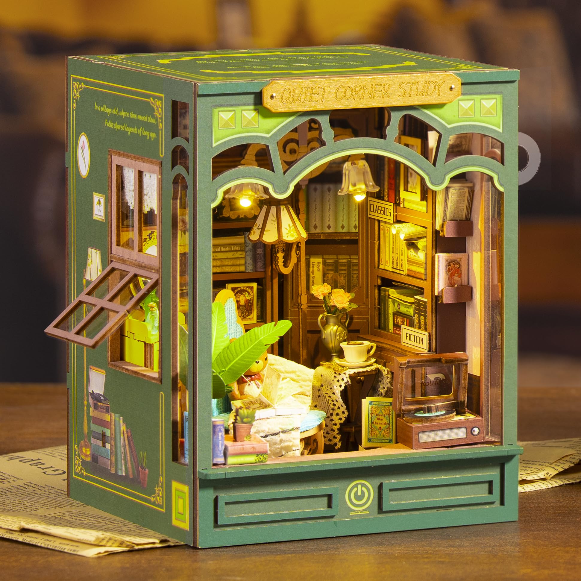 Rolife Book Nook Kit for Adults, Quiet Corner Study 3D Puzzle with LED
