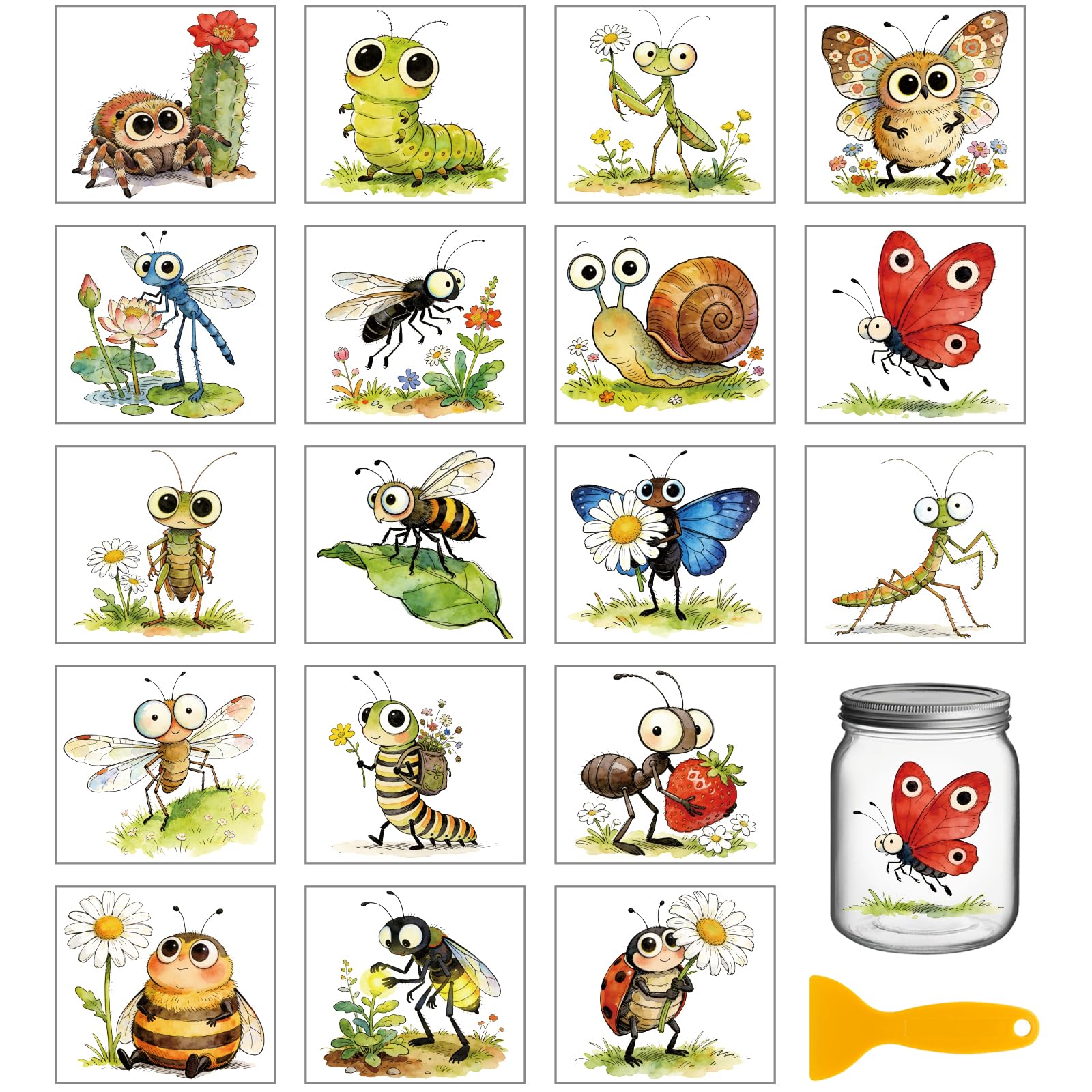 GLOBLELAND 18 Sheets Funny Insects Transfer Stickers 3.9x3.6 inch