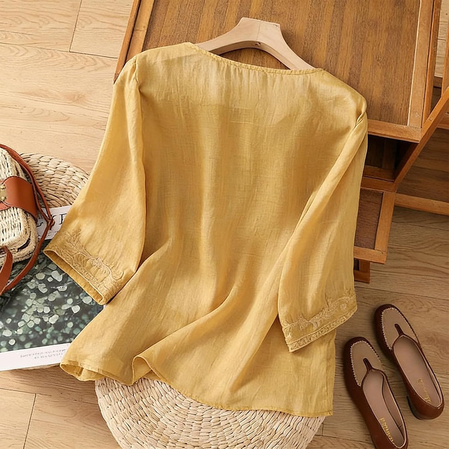 Cotton Linen Shirts for Women 3/4 Sleeve Embroidery Boho Peasant Tops Trendy Dressy V Neck Blouses Flowy Gauze Tunic