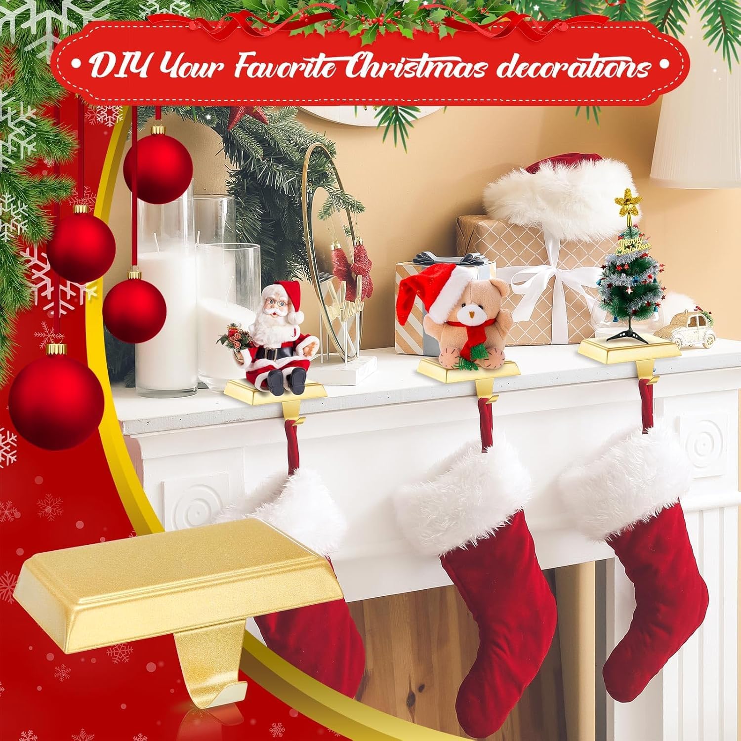 LATERN 4 supporti per calze di Natale, in metallo dorato, ganci antiscivolo per regali di Natale, camino, camino, finestra, casa, ornamenti natalizi per feste