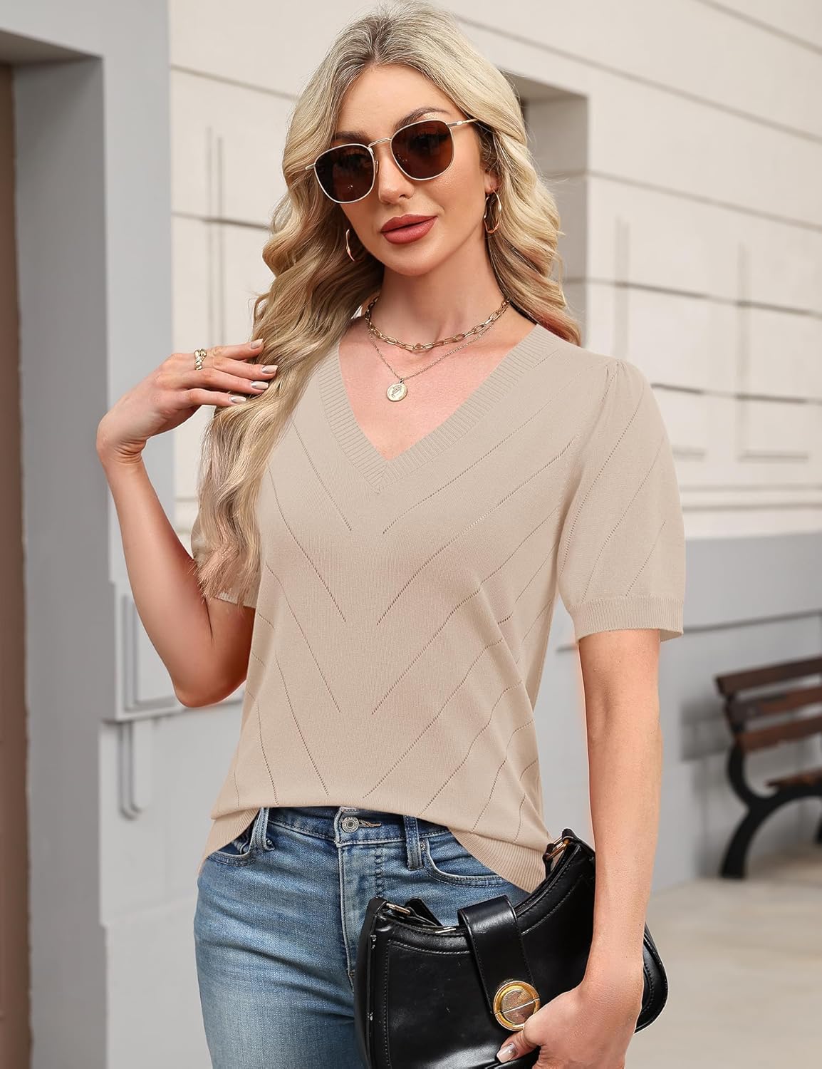 LOMON Womens Sweaters Puff Short Sleeve Lightweight Knit Summer Fall Tops Dressy V-Neck Work Blouses Business Casual Outfits - Image 3