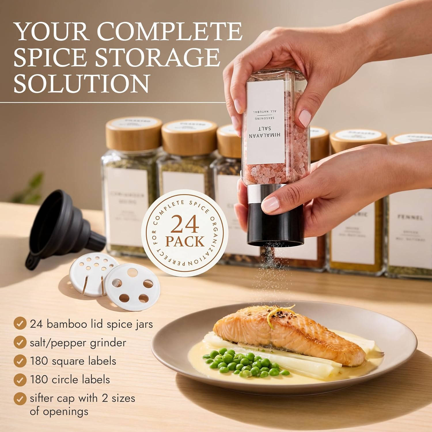 Glass Spice Jars with 360 Labels -24 pcs- 4oz- Spice Containers with Bamboo Lids -Shaker Lids- Pepper Grinder-Spice Organization for Cabinet-Drawer-Rack-Seasoning Organizer-Square bottles