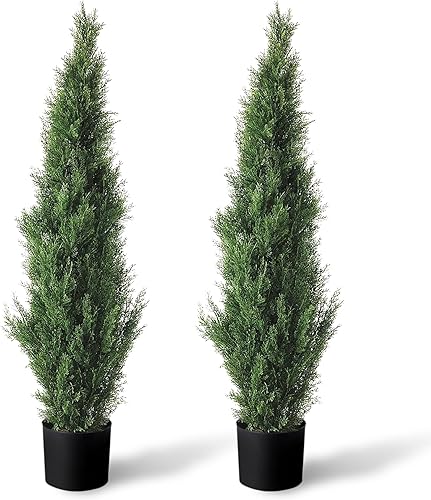 Juego de 2 árboles de cedro sintético premontados de 3 pies, decoración realista de puerta delantera con protección UV, porche, jardín, entrada