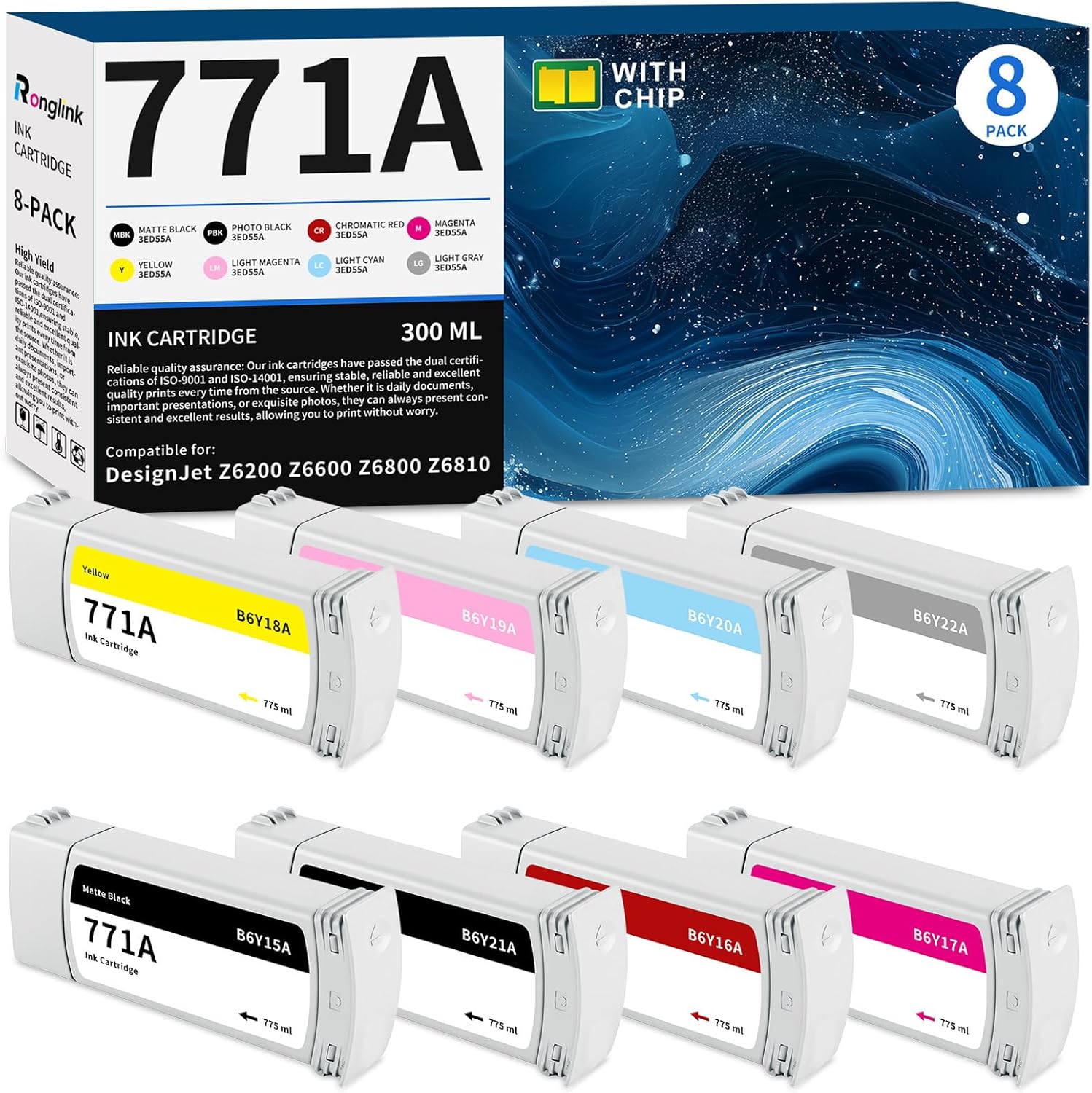 771 771A Ink Cartridge Set (with Chip) 775ML Replacement for HP 771A Ink Cartridges B6Y15A B6Y16A B6Y17A B6Y18A B6Y19A B6Y20A B6Y21A B6Y22A for DesignJet Z6200 Z6600 Z6800 Z6810 Printer Ink, 8-Pack