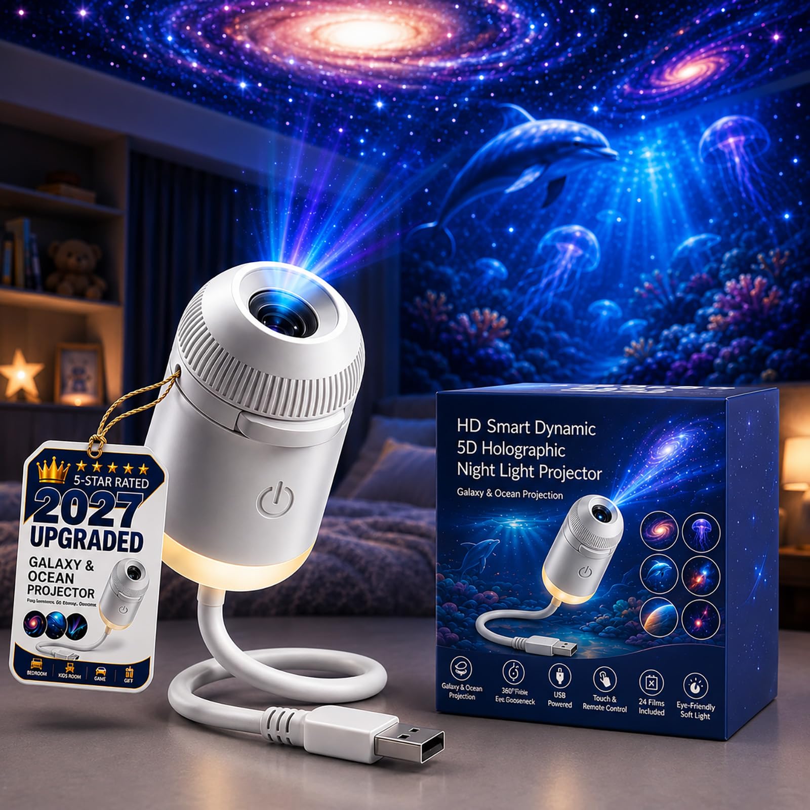 2027 New Hd Smart Dynamic 5d Holographic Night Light Projector, 2-in-1 Galaxy Star and Ocean Projector with 24 Films, 360° Rotating USB Powered Ceiling Light for Bedroom(Starry Sky with 6 Films)