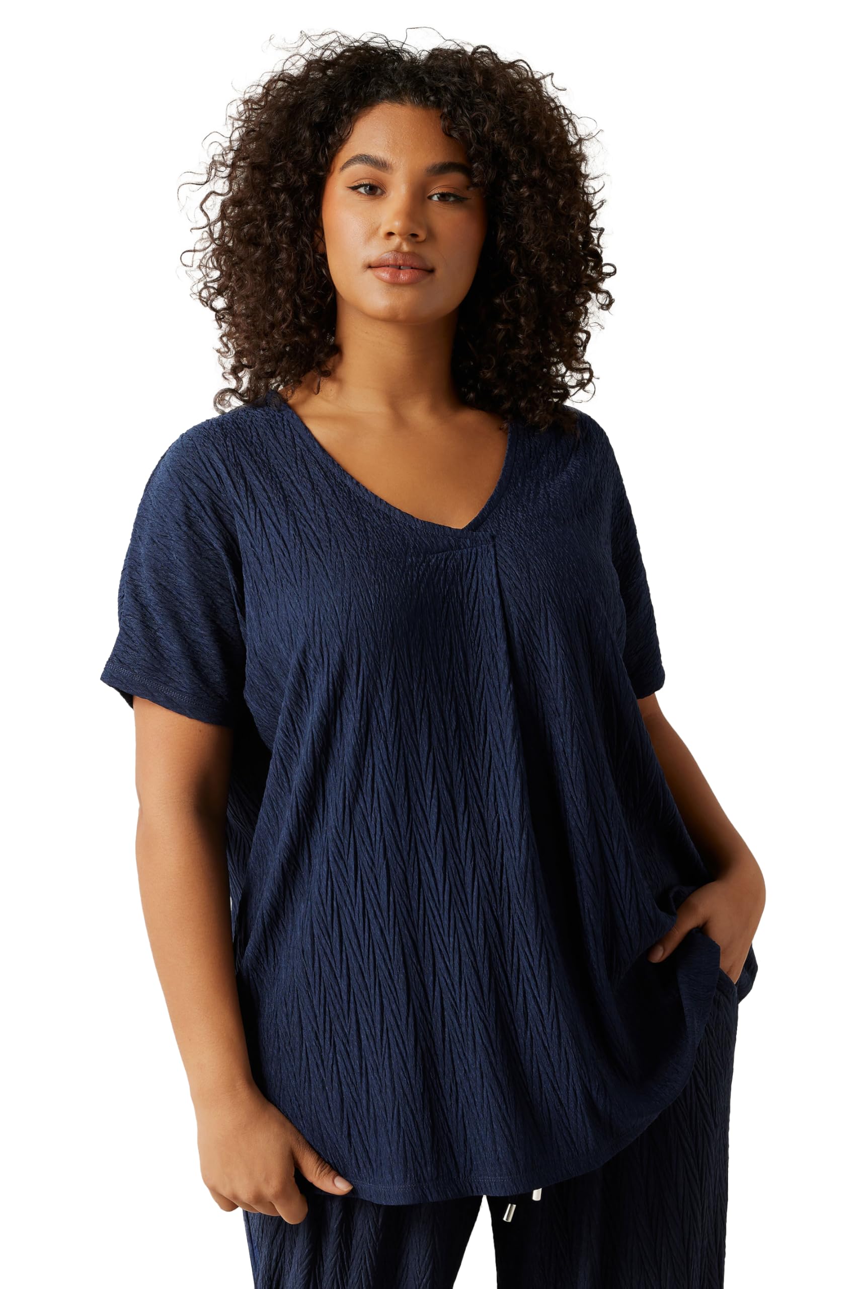 Evans Women's Navy Curve Blue Plisse Pleat Front Top - Plus Size Curve