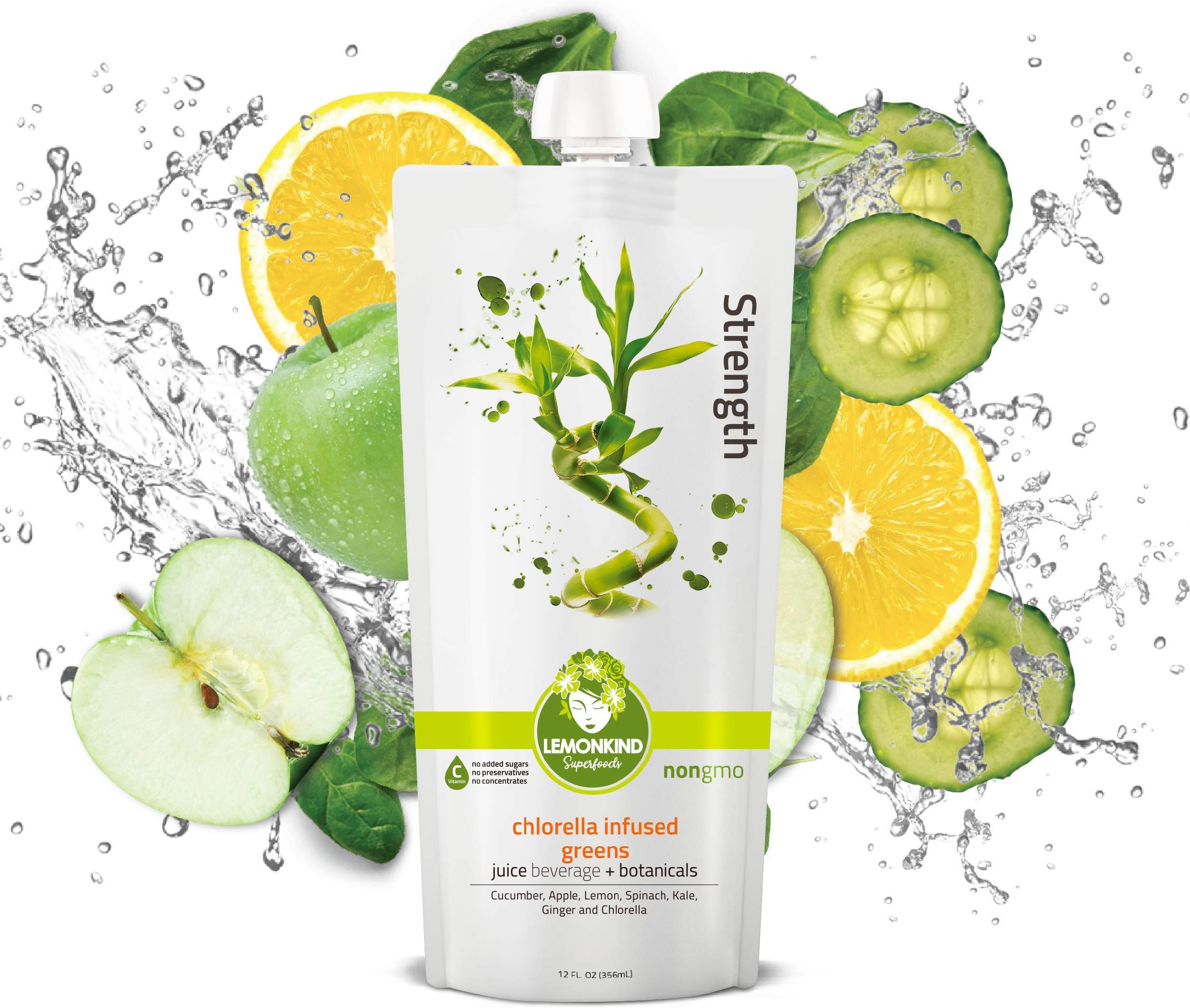 LEMONKIND Infused Greens with Ginger and Chlorella, Superfood Cleanse Juice โ Detox & Hydration Boost, Strength (12oz, Pack of 10)