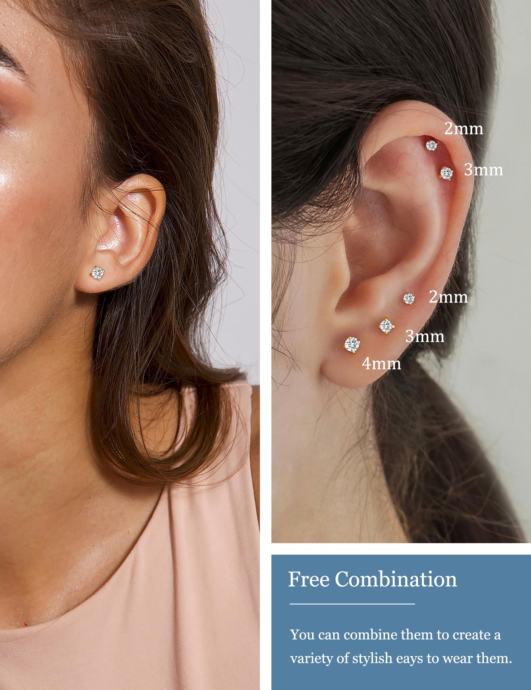 TTDGYYXW 5 Paar Ohrringe mit Flacher Rückseite, goldfarben, fadenlos, Tragus-Knorpel, für Damen und Herren, 925er-Sterlingsilber, 14-karätiges Gold, hypoallergenes Ohrring-Set für mehrere Piercings,