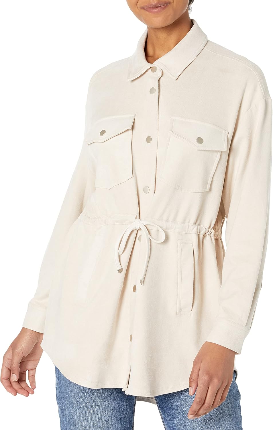 [BLANKNYC] Women's Luxury Clothing Faux Suede Shirt Jacket with Drawstring Waist Detail, Comfortable & Stylish Shacket