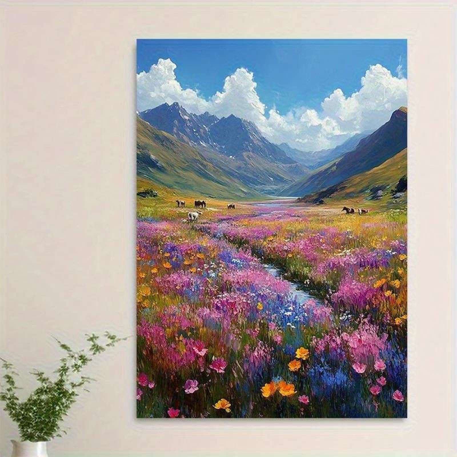 Yocheng Vibrant Mountain Meadow Canvas Wall Art Print - Serene Horses Feeding Beneath Majestic Peaks,Decorative Home Embellis 50x70cm No Frame