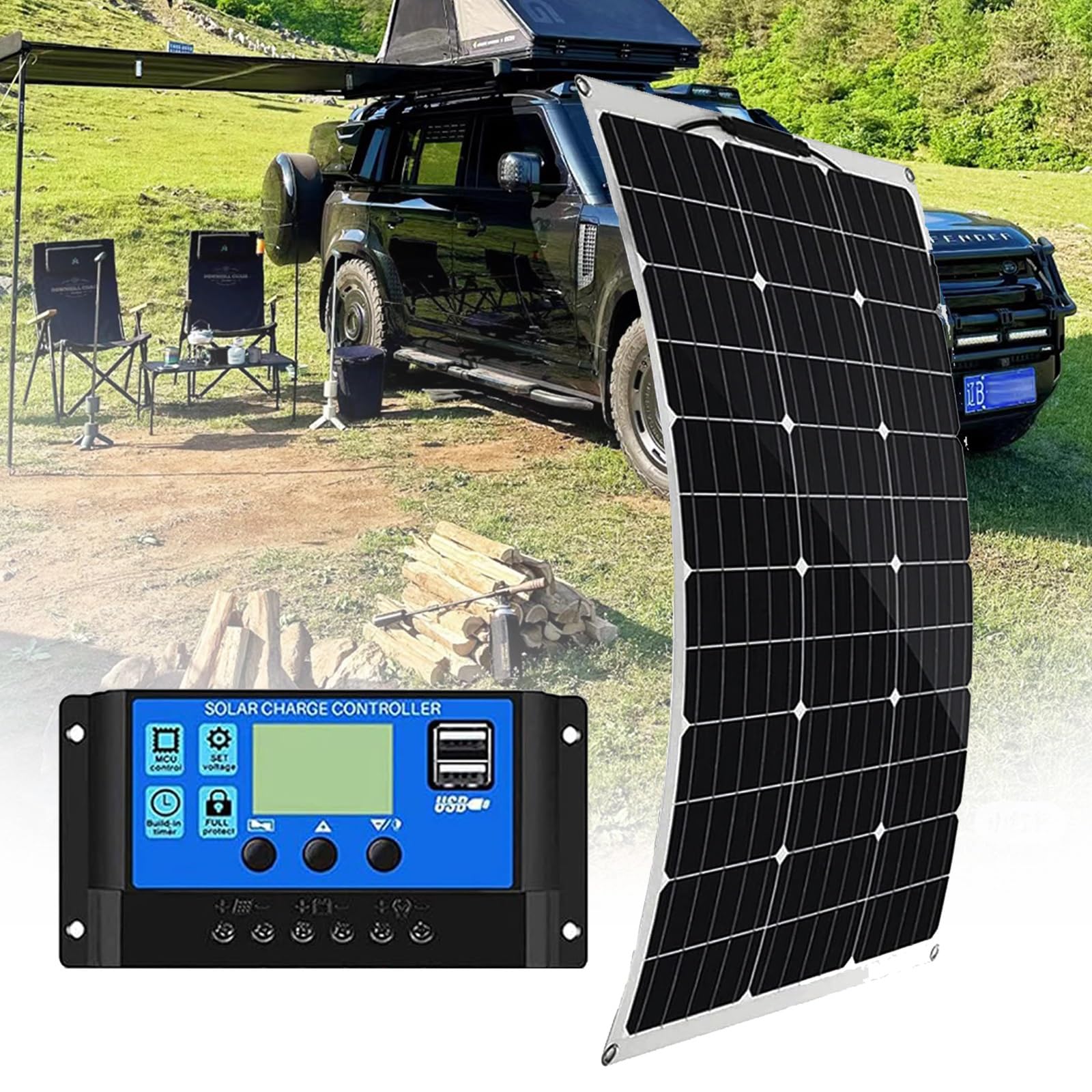 Placa Solar Flexible 500W 18V Panel Solar Monocristalino Fotovoltaico Impermeable para Autocaravana Caravana Barcos Techos Casa Remolques Cargar Bateria y Superficies Irregulares(1x500W)