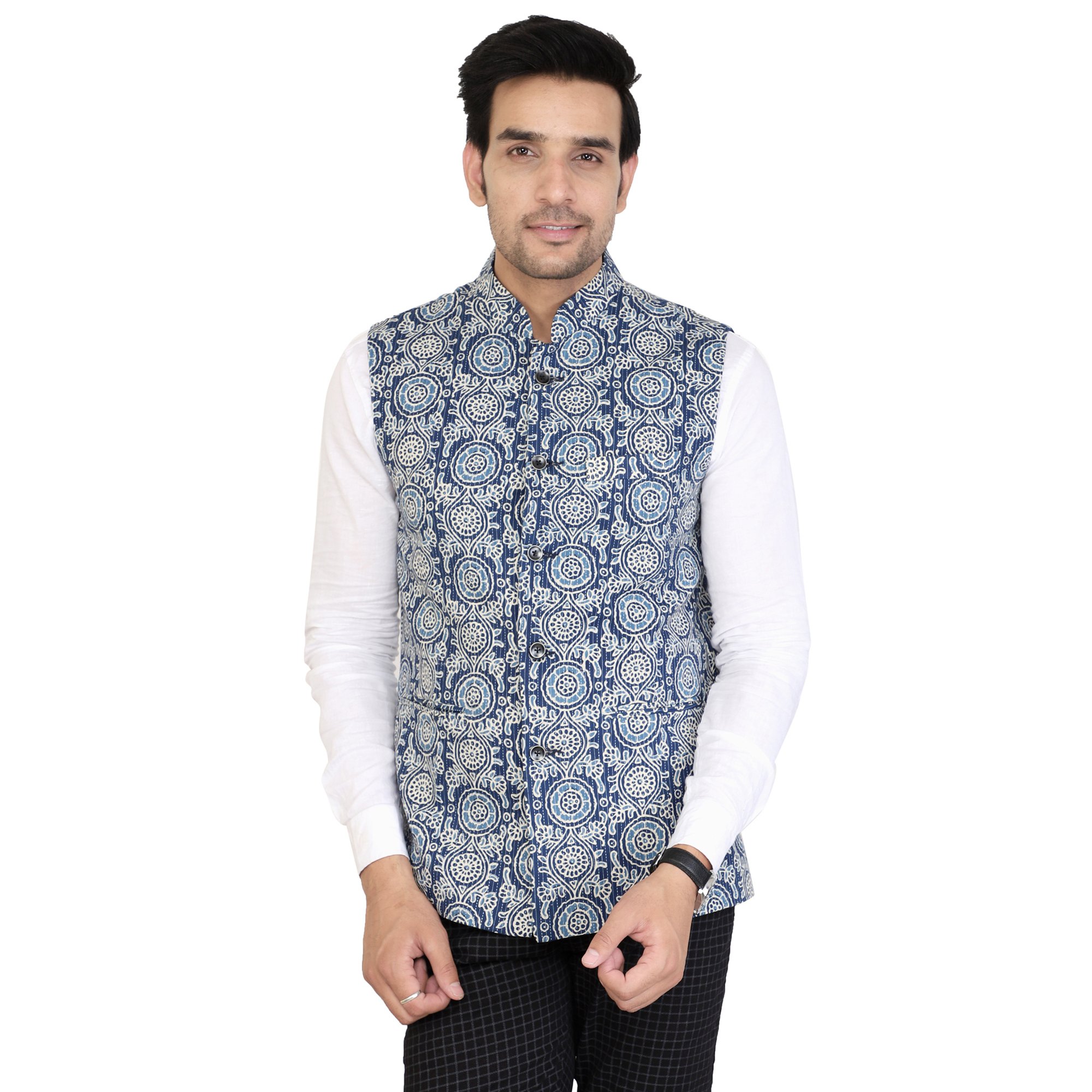 oshano Men's Cotton Printed Waistcoat (Blue)-picture-16