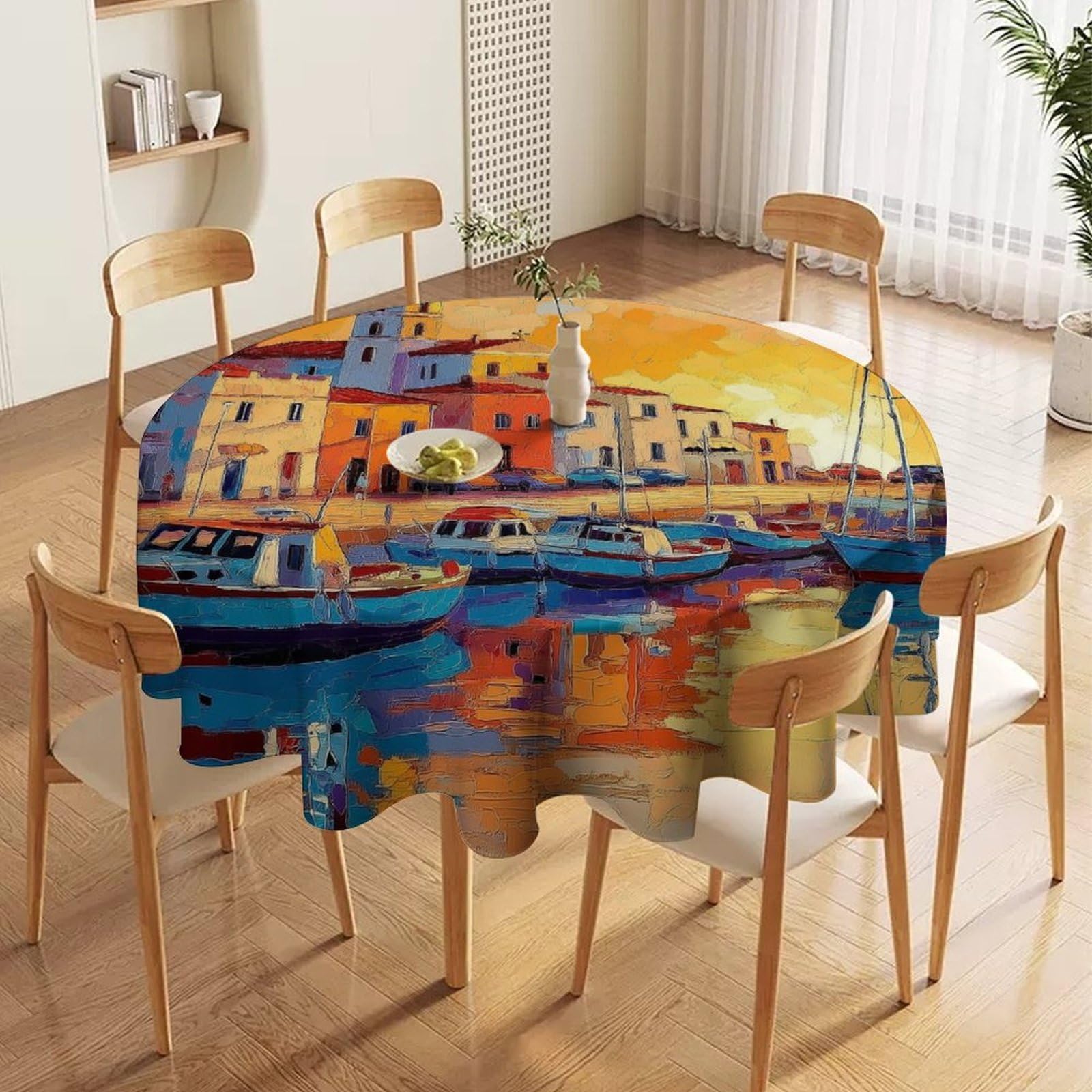 ORDOBO 3D Print Round Tablecloth - Seaside City Fashion Waterproof Dust-Proof Table Cover For Dinner Kitchen Holiday Home Protect Table Decoration 91X91Cm