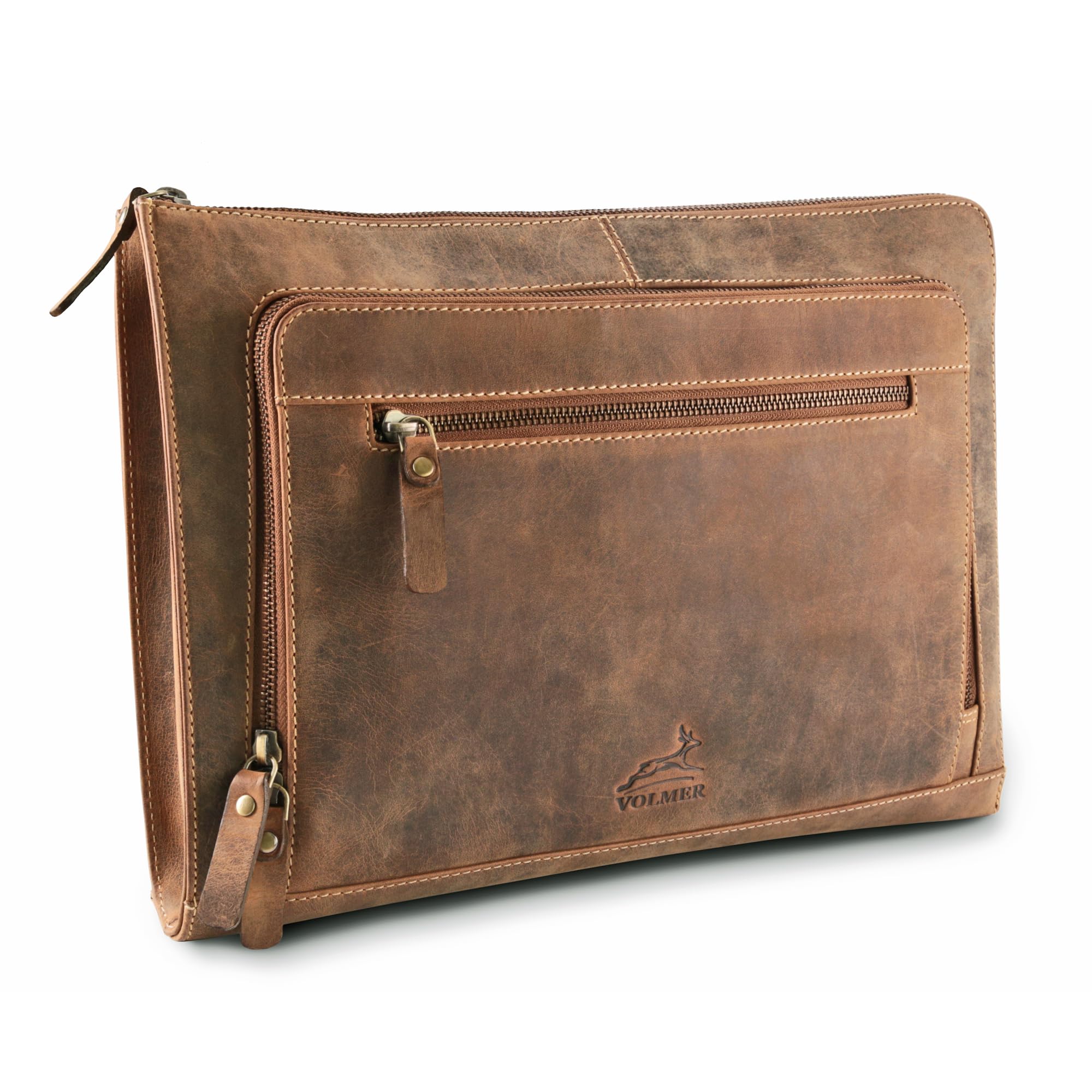 Fa.Volmer ® braune Laptop-Tasche aus echtem Büffel-Leder für MacBooks, Notebooks, Laptops und Tablets bis zu einer Größe von 14″ | Aktentasche A4 | Modell: Riverside