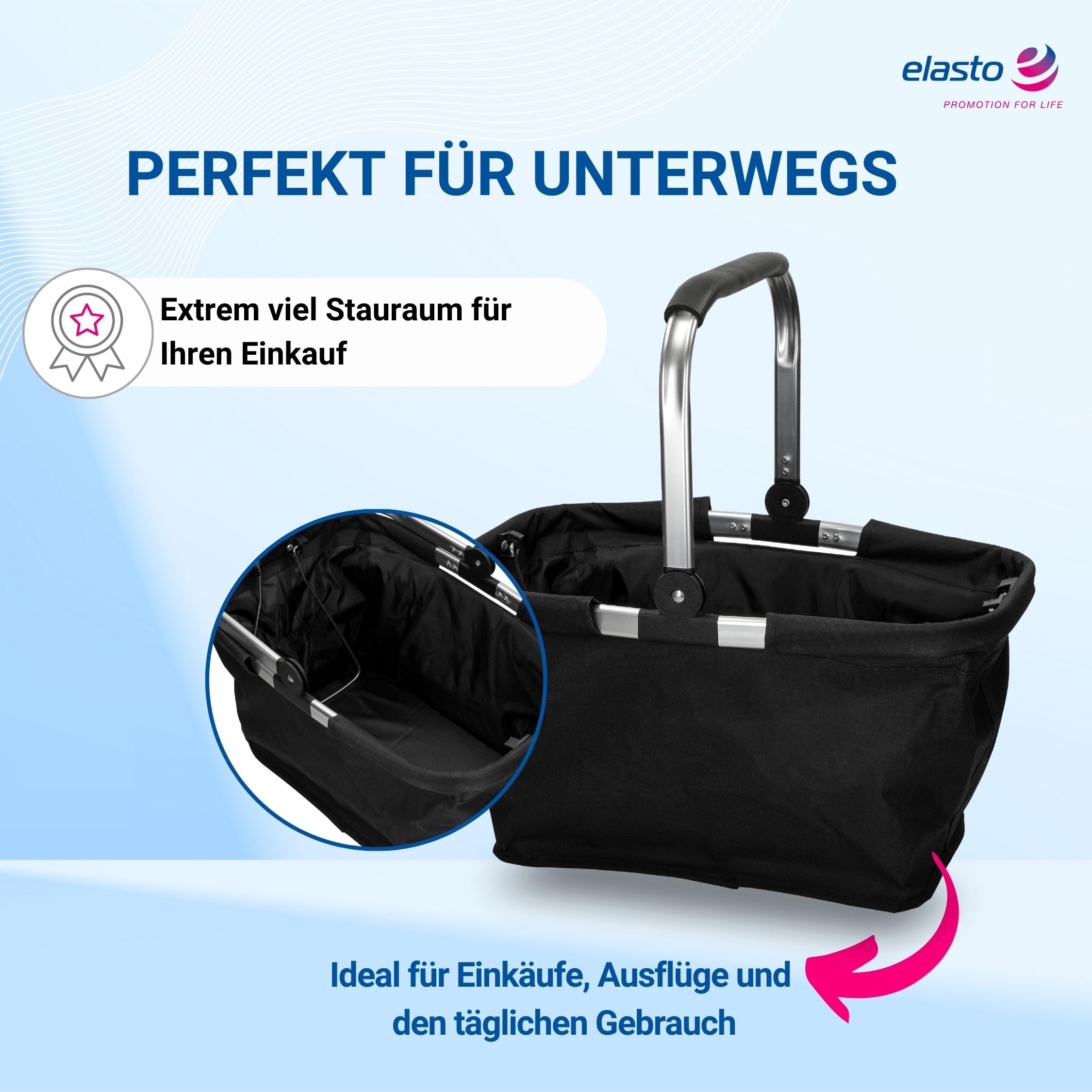 Einkaufskorb faltbar 30L mit Aluminiumrahmen - für Einkäufe und Ausflüge | 30L, faltbar, Aluminiumrahmen, Henkel, Einkaufstasche, Ausflug, Strand, stabil, platzsparend, Korb