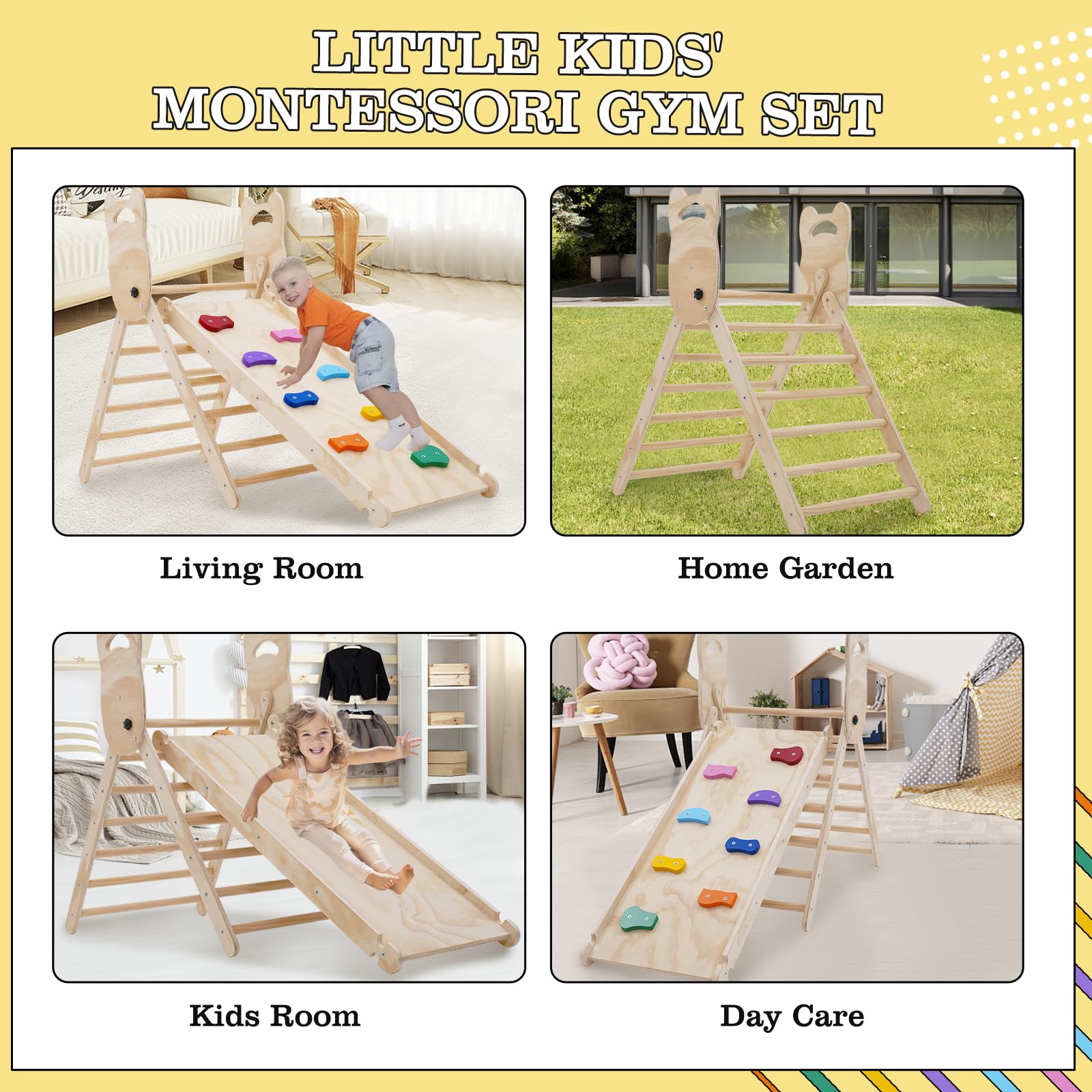 Ark miido Klettergerüst Indoor klettersteine 3-in-1 Montessori kletterdreieck mit Rutsche Faltbares Kinder Kletterbogen aus Holz Spielzeug pikler zum Rutschen & Klettern für Kinder ab 1 Jahr