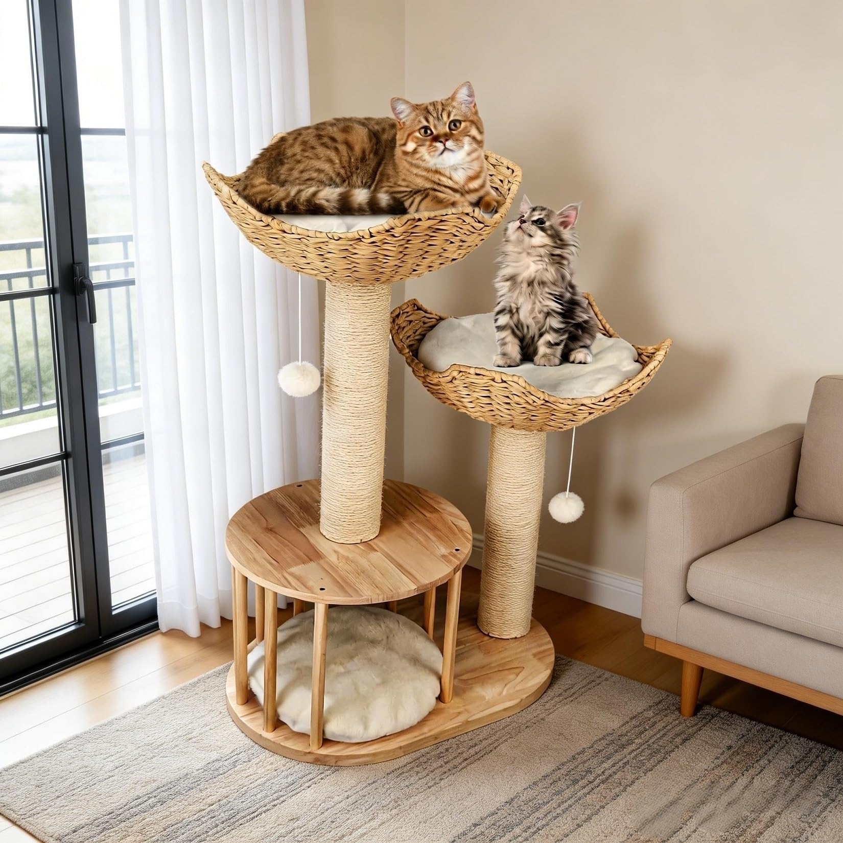 BingoPaw Wooden Cat Tower Tree: 3-tier Kitten Tree Activity Tower Condo Furniture with Plush Cushion Cozy Rest Dangling Ball Sisal Scratching Post Indoor 60x40x99Hcm