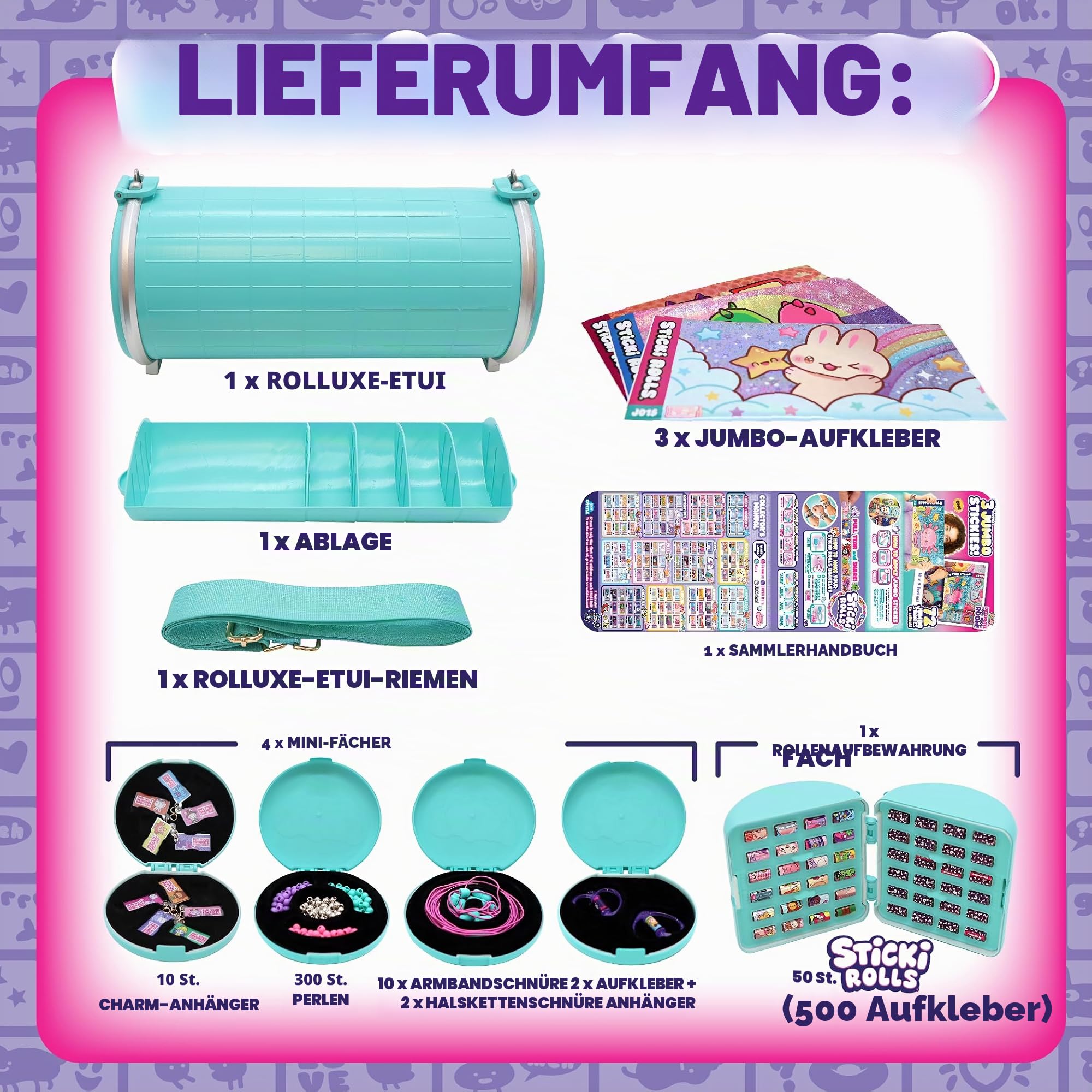 Sticki Rolls Sticki Rolluxe Serie 2 - Glam Handtasche + Bastelset, inklusive 3 Jumbo-Stickies, Zubehör für 10 Armbänder und 2 Anhänger