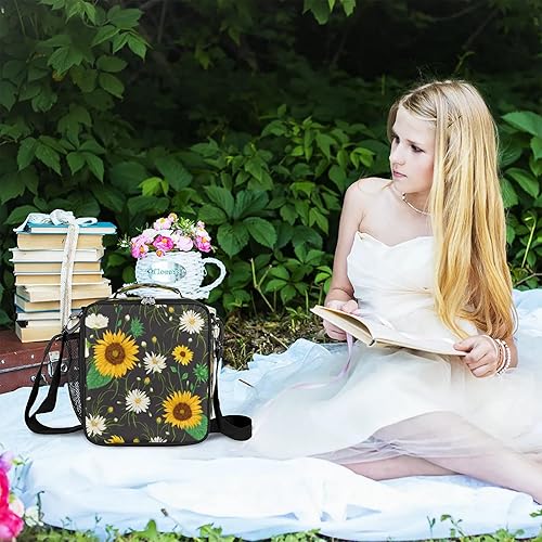 Miniatura 7 de AUUXVA Bolsas de almuerzo con diseño de margaritas de girasol para niñas y niños, con flores blancas, térmica, con correa ajustable, a prueba de