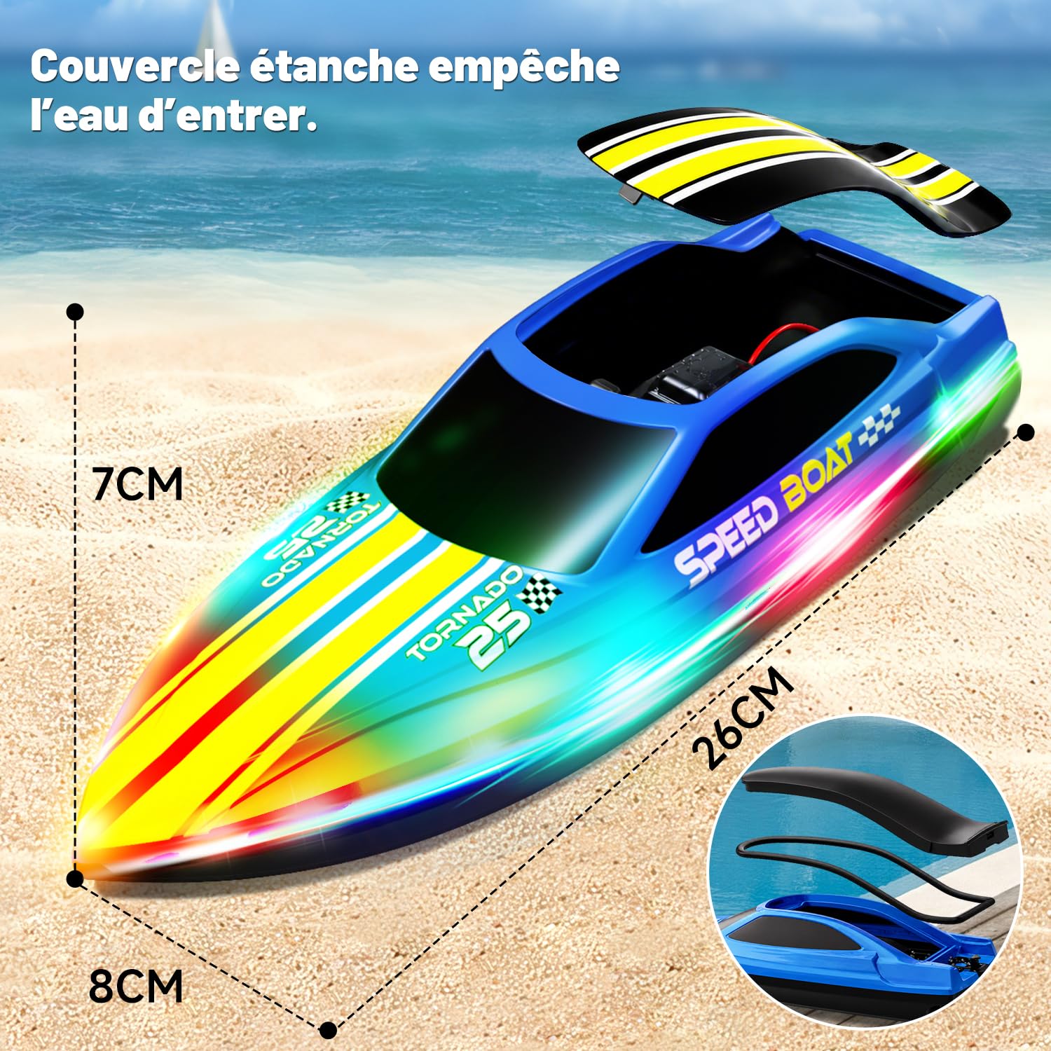 Bateau Télécommandé 2.4GHz RC Boat 7 LED, Vitesse Max 15km/h | double batterie 240min, anti-retournement, portée 80m, Pour piscine et lacs (pas eau salée), Cadeau pour enfants