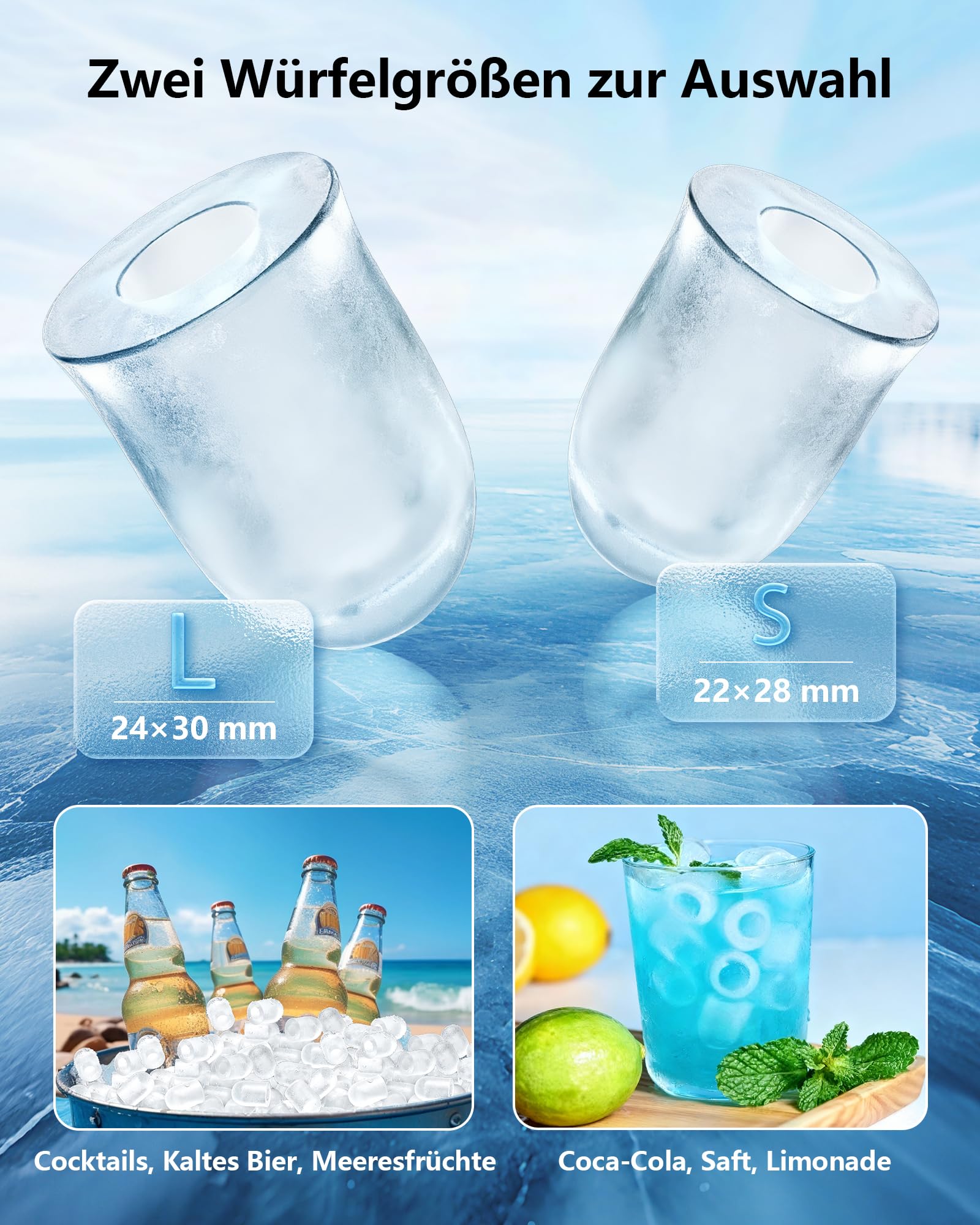 Eiswürfelmaschine Klein Ice Maker Machine: Tragbarer Eiswürfelbereiter, 12kg/24H, 8 Eiswürfel in 6 Min, 2 Eiswürfelgrößen,Mini Eiswürfelmaschinen mit Selbstreinigung für Zuhause/Küche/Camping/Party/RV