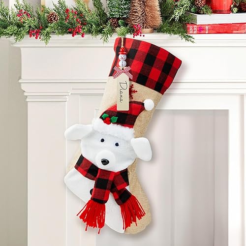 Minetom Calcetines de Navidad con etiqueta de nombre personalizada, paquete de 4 calcetines de Navidad de 18 pulgadas, muñeco de nieve, ciervo, Papá