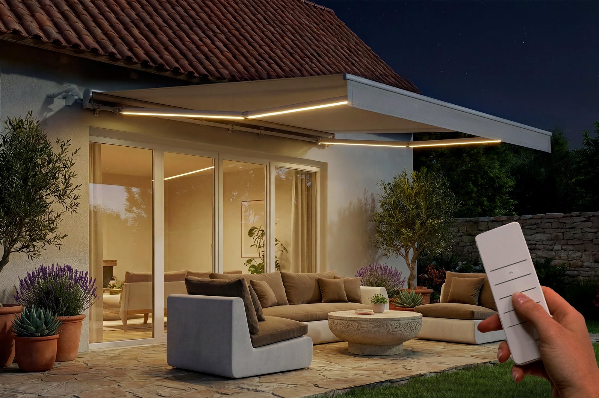 Cazeboo FAZZIO Electric Semi-Cassette Awning extended over a patio