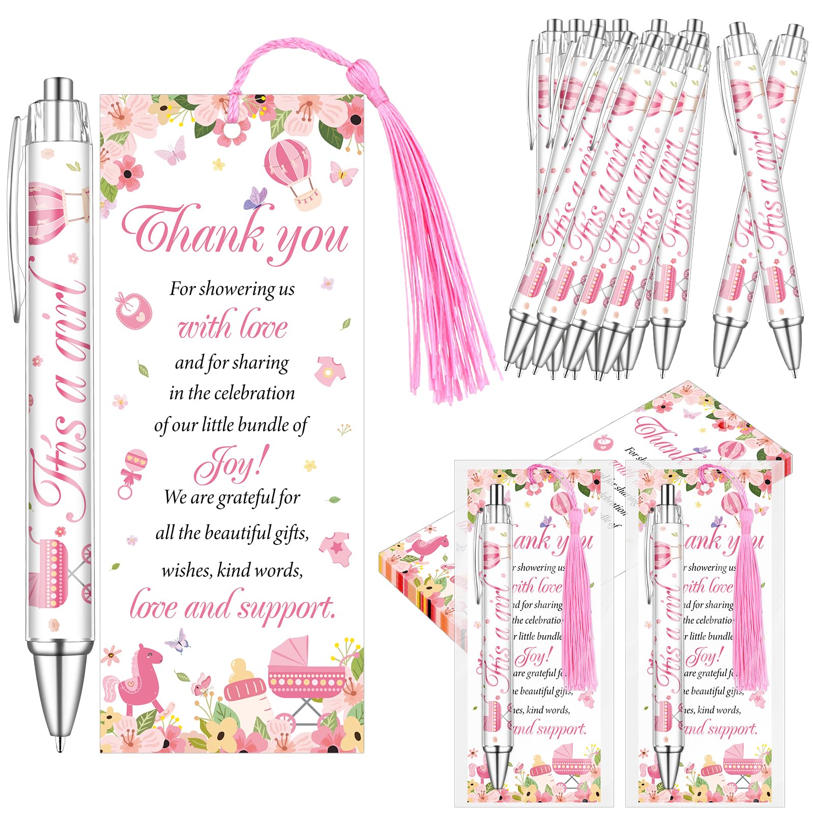 CNSJ 20 Sets Baby Shower Favours Pens for Guests It's a Girl Retractable Ballpoint Pens with Thank You Bookmarks Baby Shower Return Gifts Thank You for Guests Gender Reveal Party Game Prizes