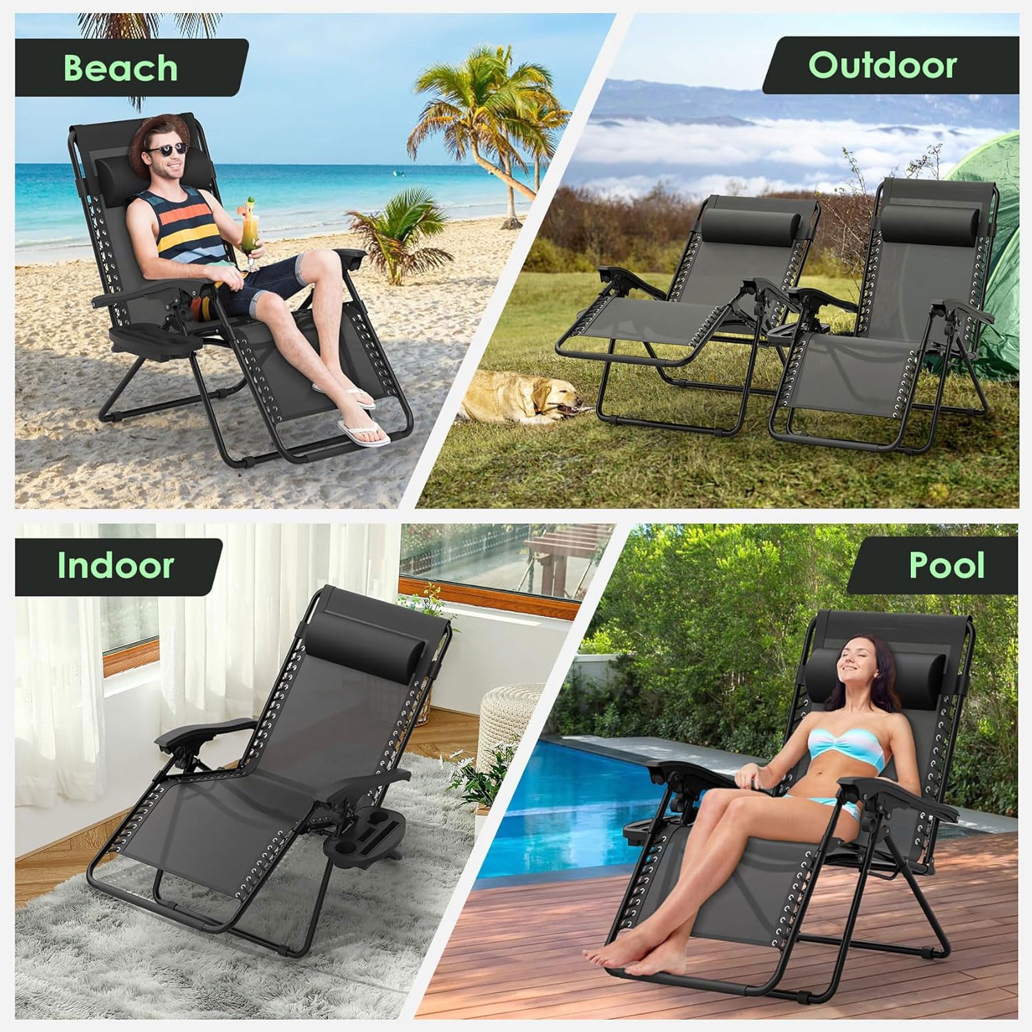 Tumbona Jardín Exterior Plegable de Gravedad Cero con Regulable Respaldo Reclinable Sillas Reclinables o Hamacas para Playa Terraza y Camping con Portavasos Ligeras y Cómodas (Negro)