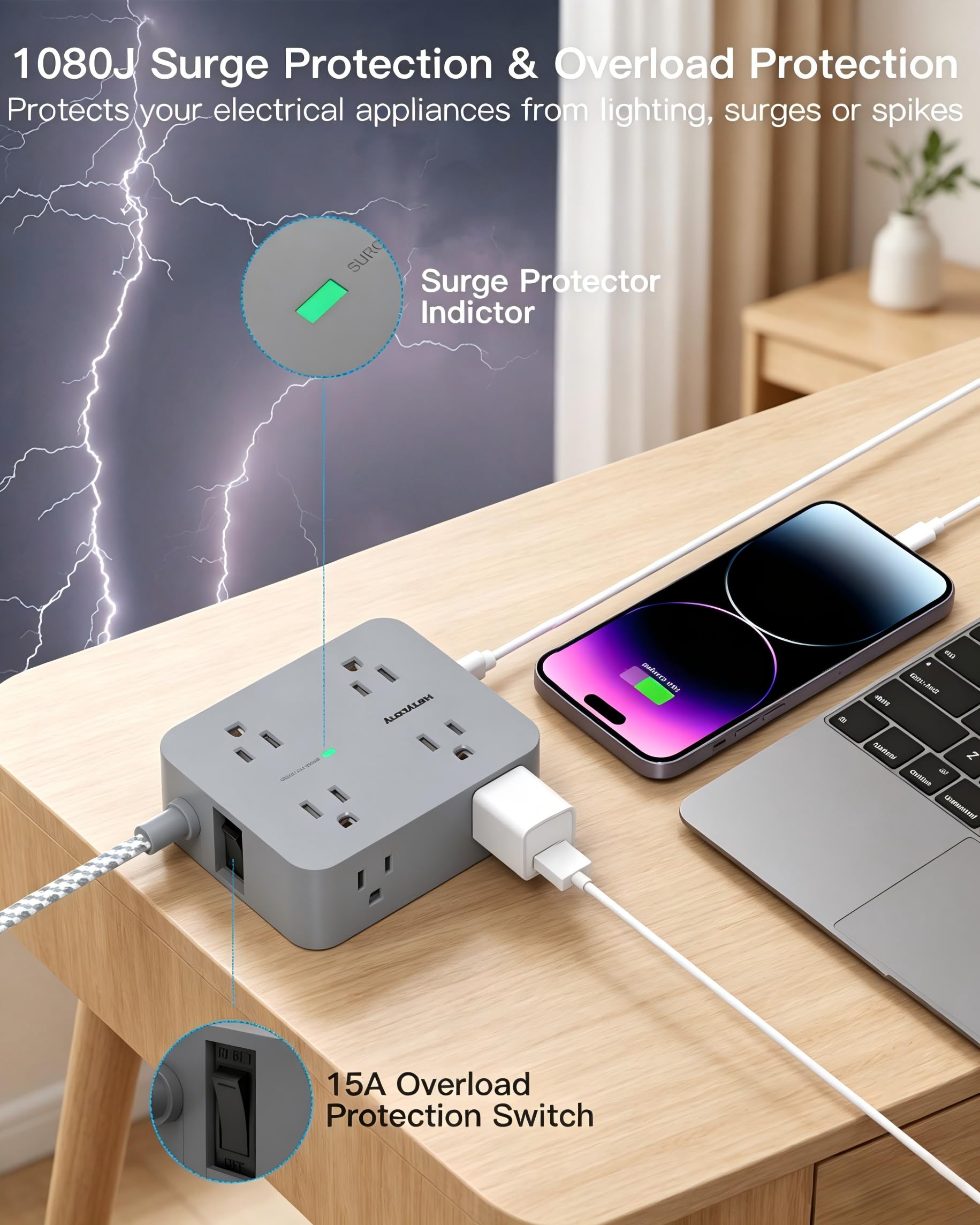 HANYCONY - 8 Steckdosen, 4 USB-Ladeanschlüsse (2 USB C), Mehrfachsteckdosenausgangsverlängerung, 5 Fuß geflochtenes Verlängerungskabel, Flachstecker zur Wandmontage, Ladestation