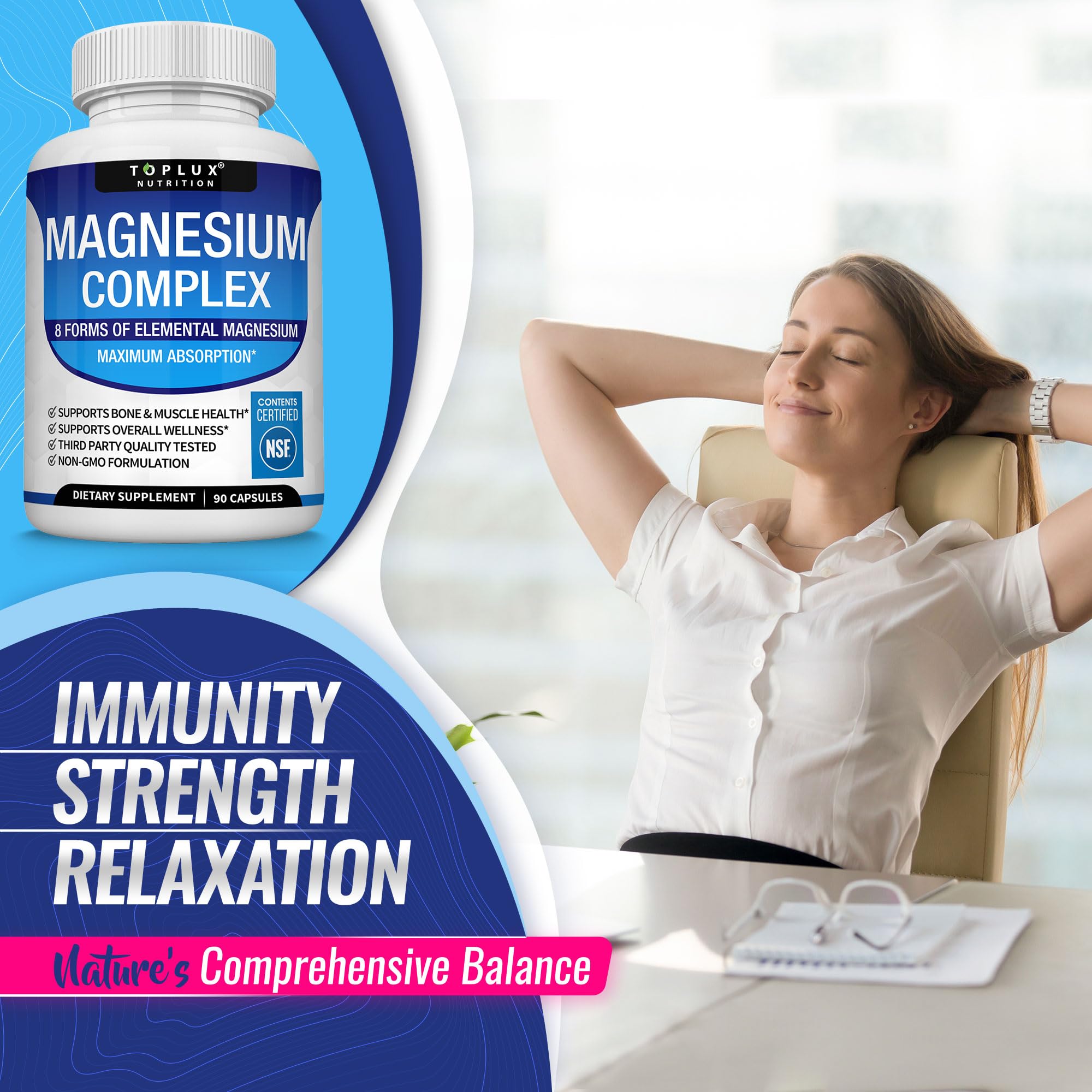 Toplux Magnesium Complex Supplement 8 Elemental - Magnesium Glycinate, Citrate, Malate, Taurate, Chelated for Easy Absorption for Bones, Muscle, Recovery, Energy, Vegan Non-GMO 90 Capsules — Amazon image 5