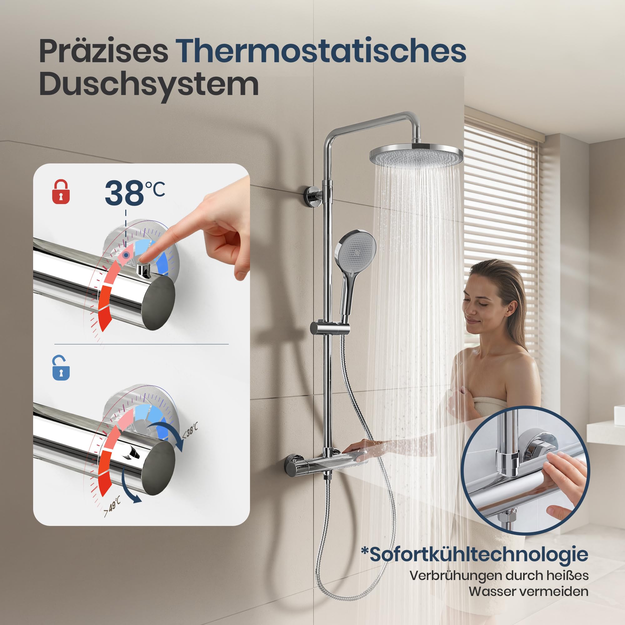 Duschsystem mit Thermostat Chrom, Duscharmatur Komplettset mit 3 Strahlarten Handbrause & 26cm Rund Kopfbrause, Höhenverstellbarer Duschstange, 150cm Schlauch, Regendusche mit Armatur