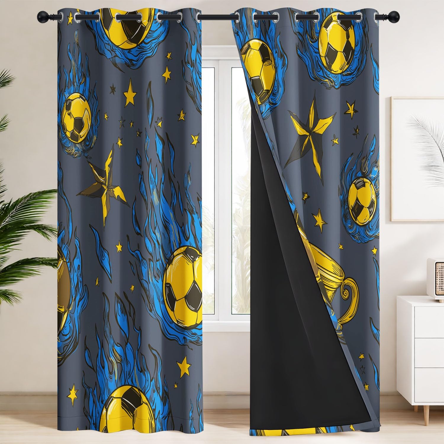 Generisch Dynamisch, Modisch Gardinen 225 x 140 cm | 2er Set Vorhänge Blickdicht - Flammen, Fußball, Goldener Pokal, Sterne - Ösenvorhang für Jungen und Mädchen