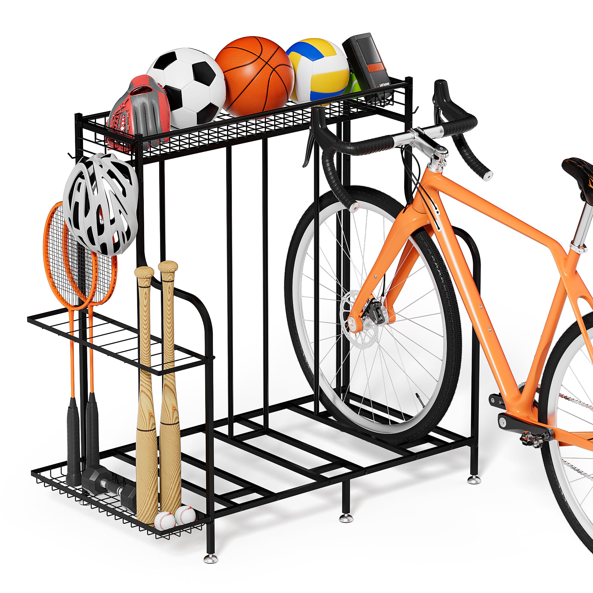 HENMI Fahrradständer Boden für 3 Fahrräder mit Korb und Haken | Einfach zu Montieren, Geeignet für E-Bike, Mountainbike und Rennrad