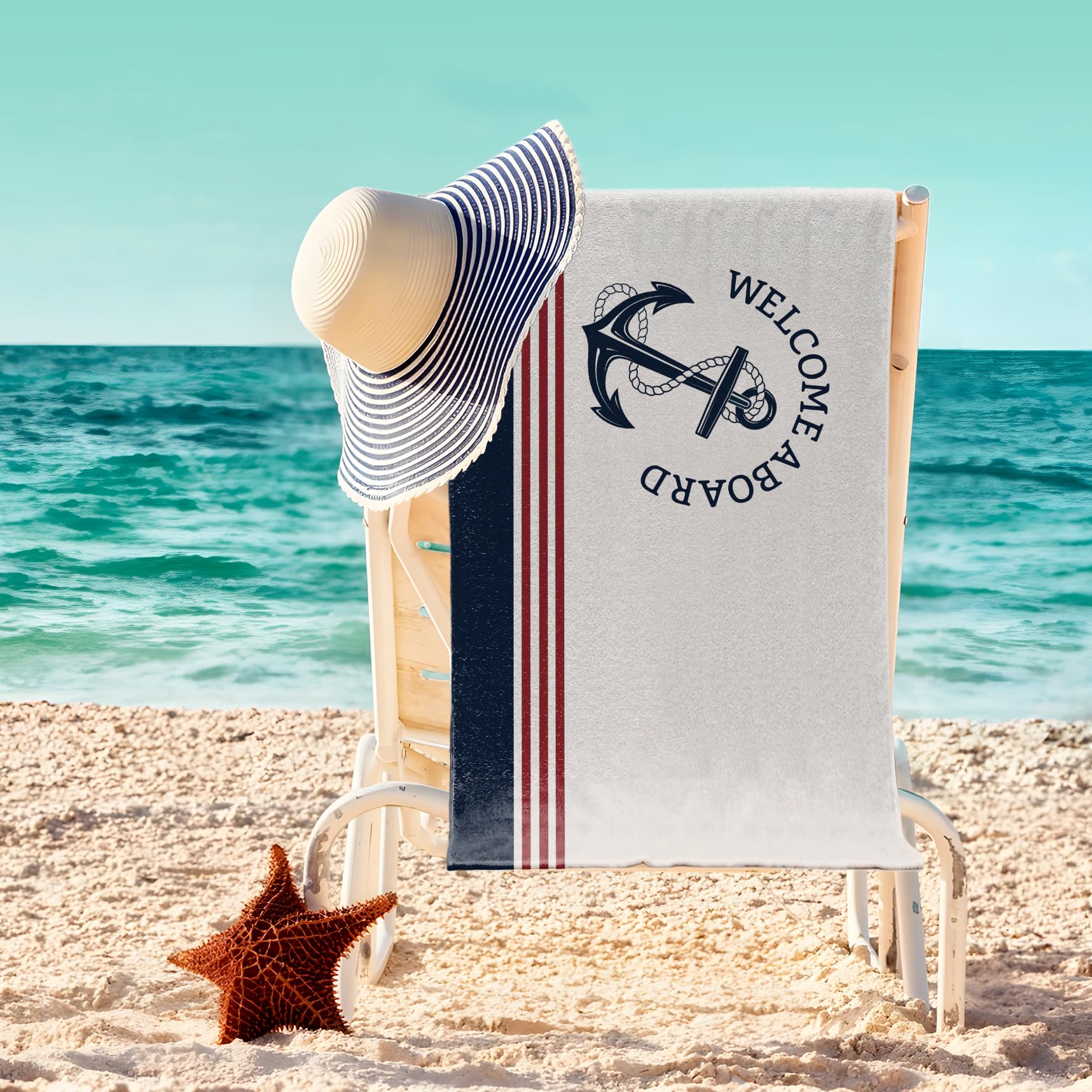 JQF Nautical Anchor Beach Towel 30x60 Inch, Coastal Welcome Aboard Oversized Bath Pool Swim Towels Blanket for Bathroom Travel Swimming Camping Picnic Sport, Gifts for Boat Owners Sailors