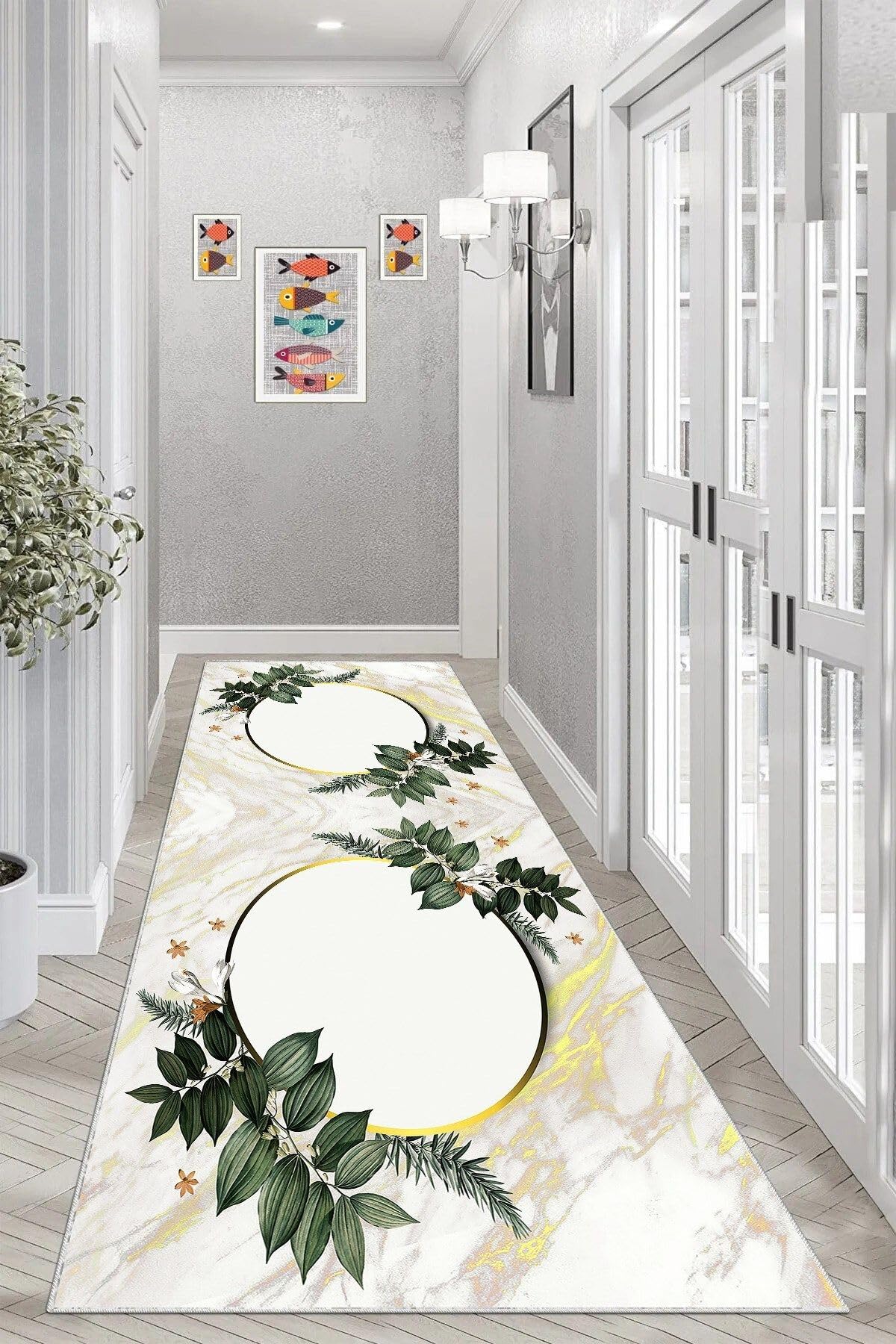 Pelangi Mermer Desenli Yapraklı Dijital Baskı Yıkanabilir Kaymaz Taban Modern Salon Halısı ve Yolluk, Ekru-Yeşil 100 x 500, 95546631005007