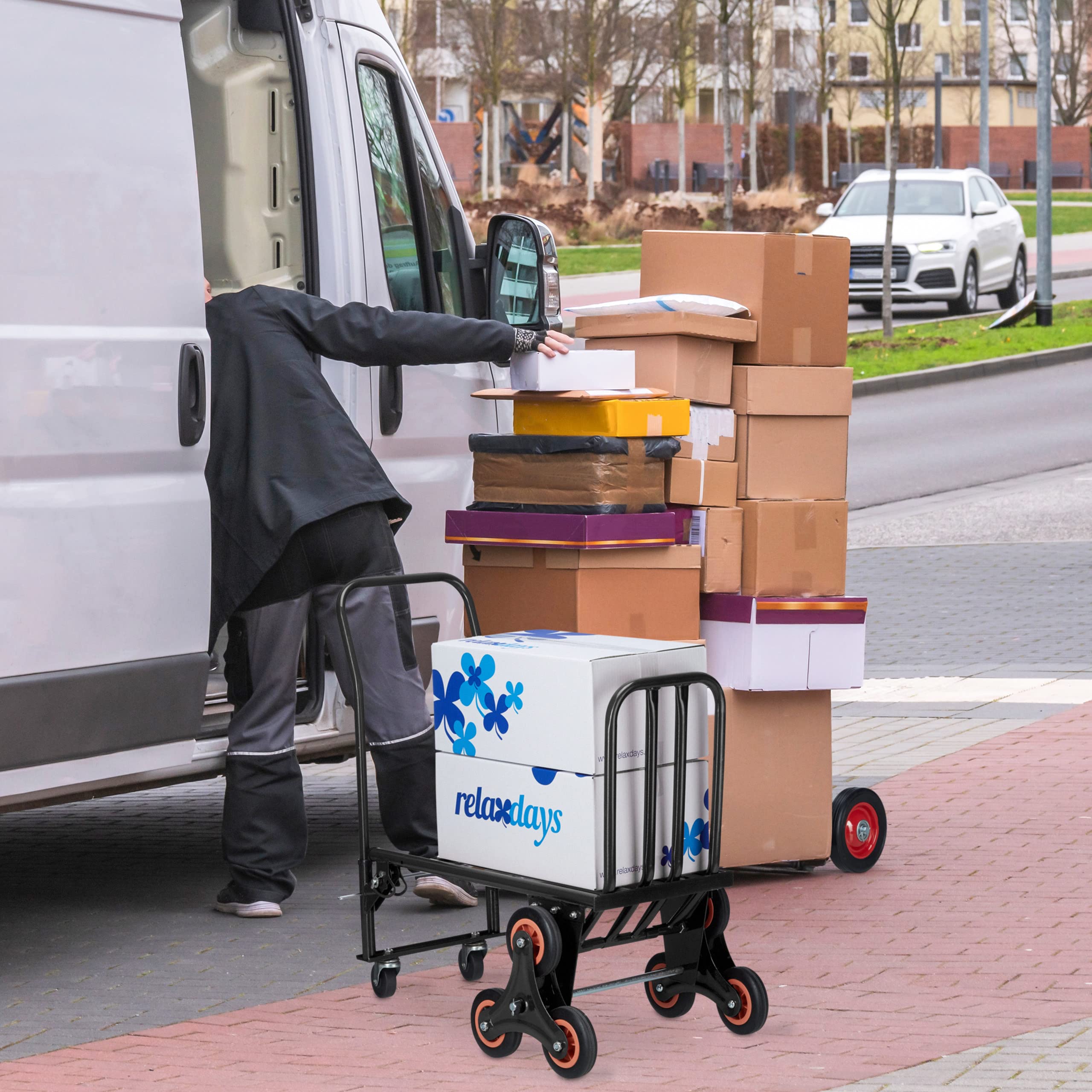 Relaxdays Carrello Portapacchi per Scale, Carrellino da Trasporto, Trolley Saliscale, capacità di Carico 50/150 kg, Nero