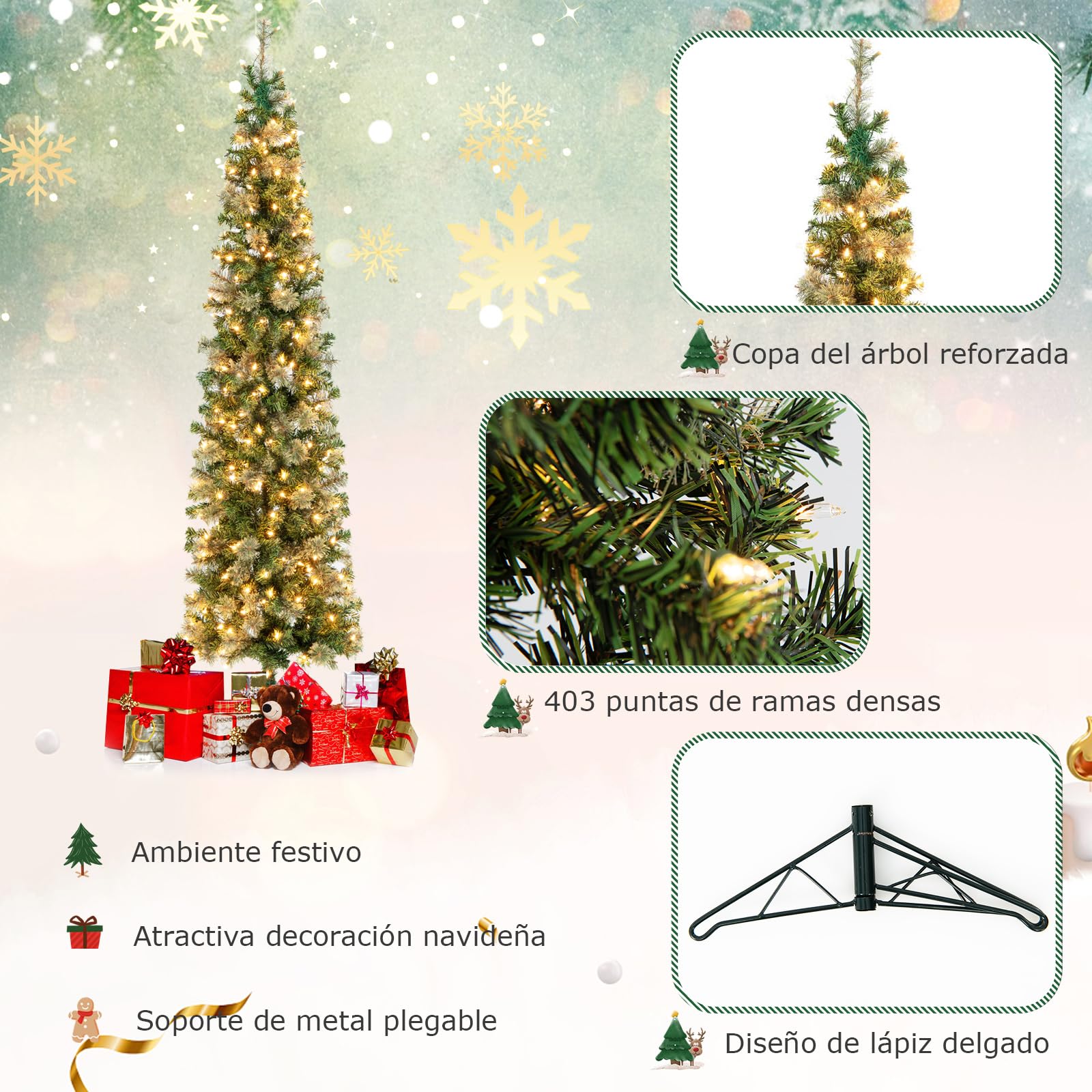COSTWAY Medio Árbol de Navidad Slim/Estrecho con Luces 210cm, Arboles de Navidad Delgado, 403 Ramas PVC, Arbol de Navidad con Luces Incorporadas 150 Luces LED，Arvore de Natal Casa/Oficina