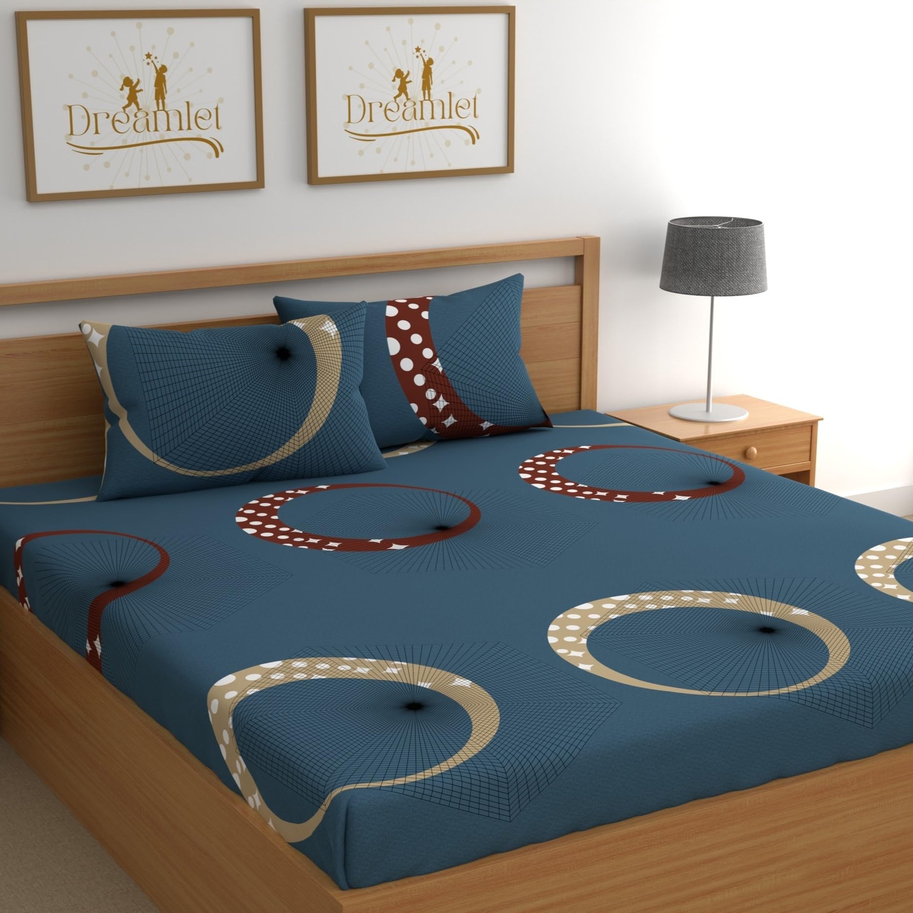 DREAMLET Prime Collections 160TC Glace Cotton Breathable Supersoft Wrinkelfree Double Flat Bedsheet with 2 Pillow Covers (Navy, Flat)