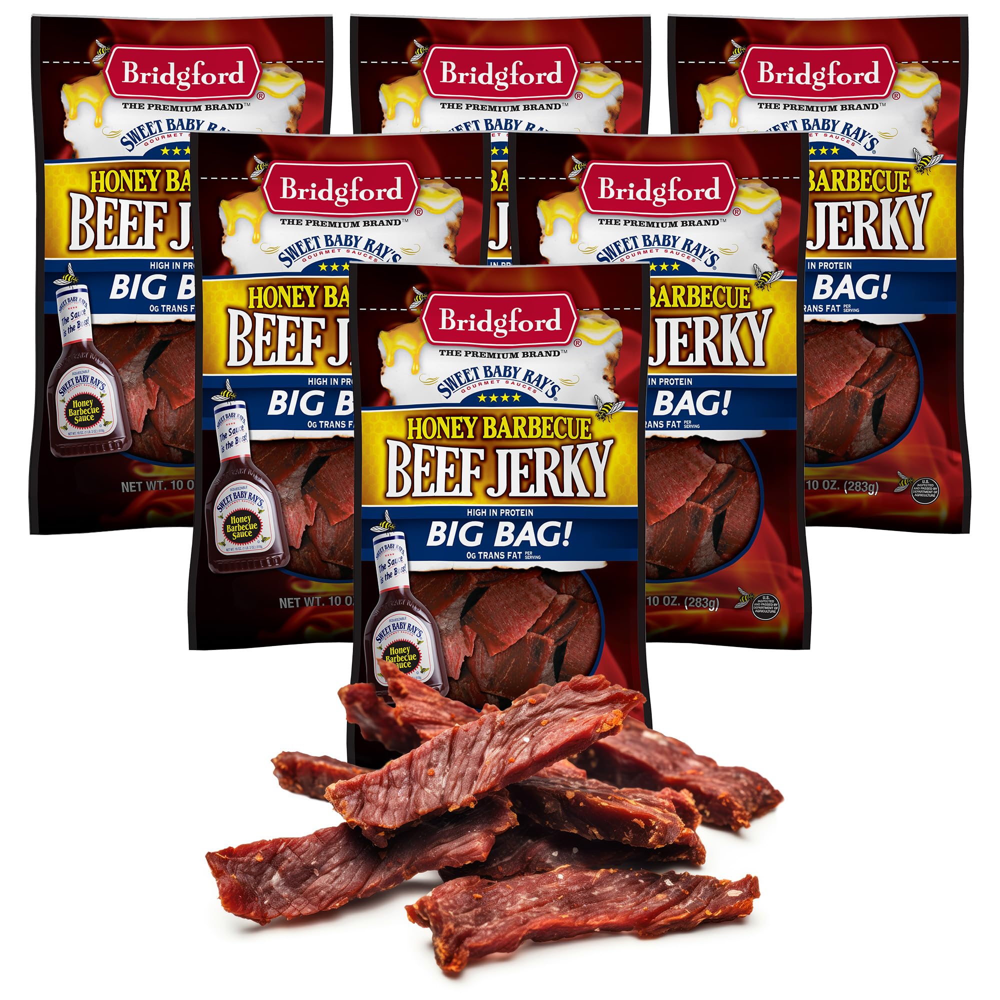 Bridgford Sweet Baby Ray's Beef Jerky Honey BBQ 10 oz Pack of 6 - High Protein Jerky for Midday Energy Boost or Post Workout Snack - Naturally Smoked