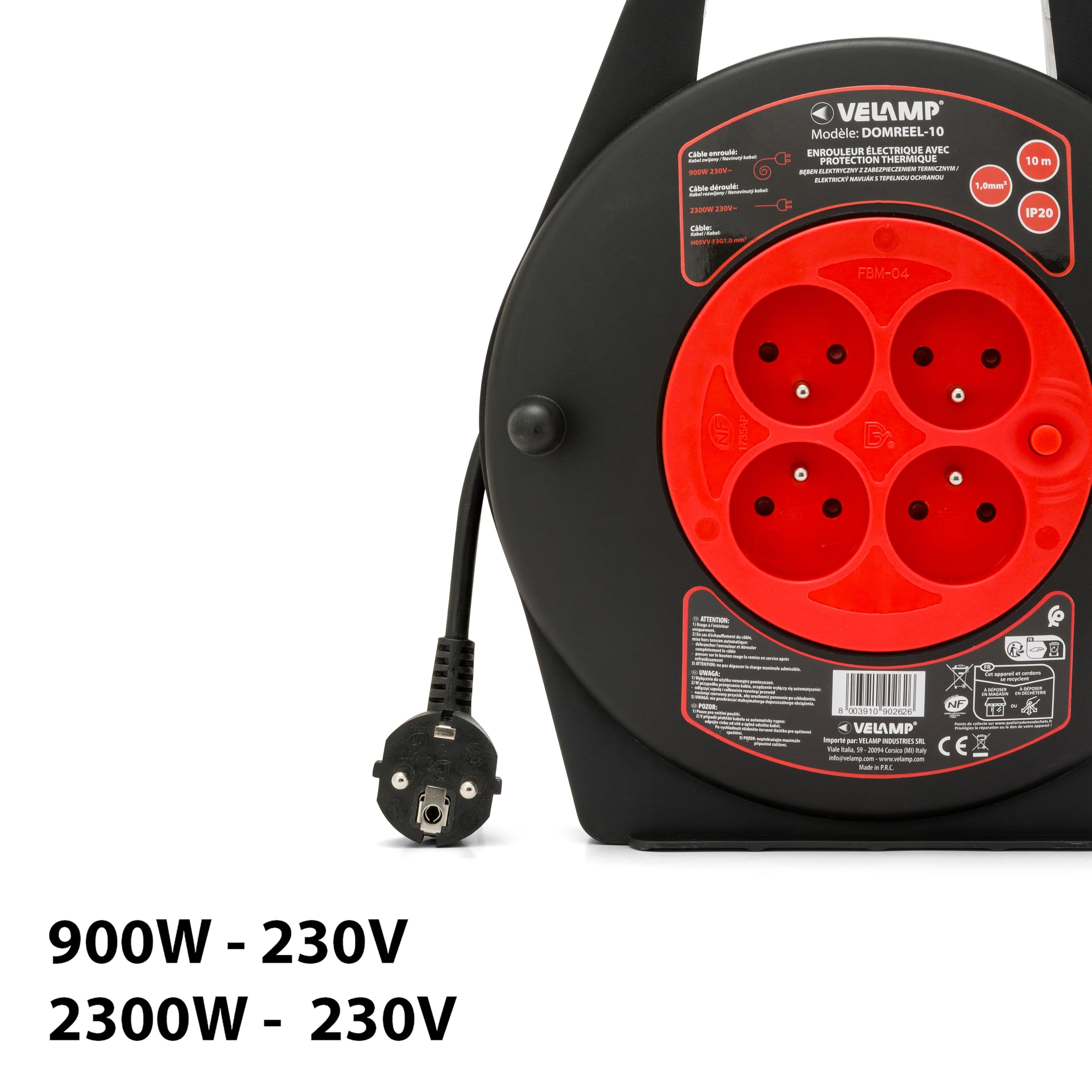 Velamp DOMREEL-10- Enrouleur HO5VV-F 4 prises 3G1.0 10m + coupe-circuit - avec poignée