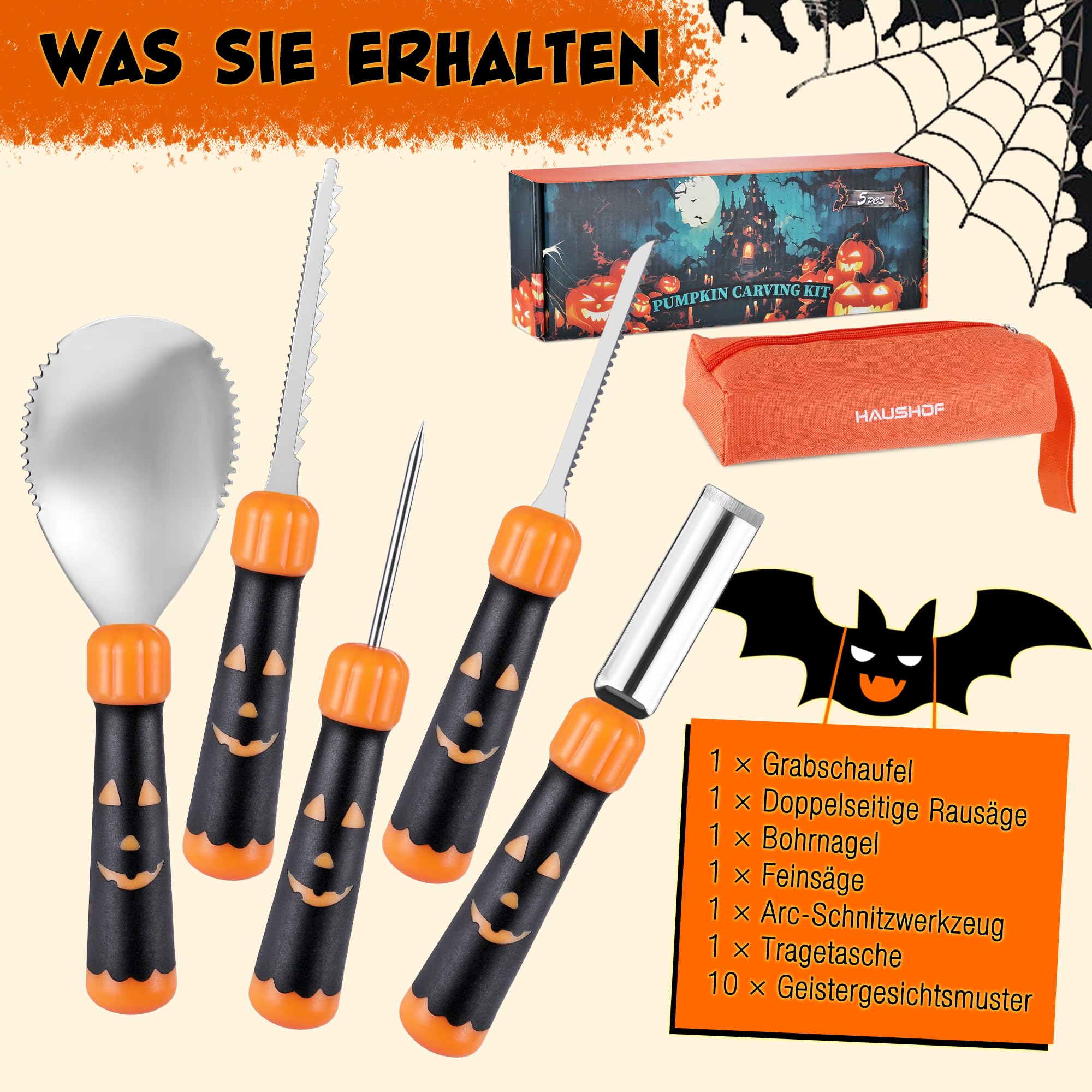 HAUSHOF Kürbis-Schnitzset 5-teilig - Professionelle Werkzeuge Für Halloween-Deko Mit Tasche