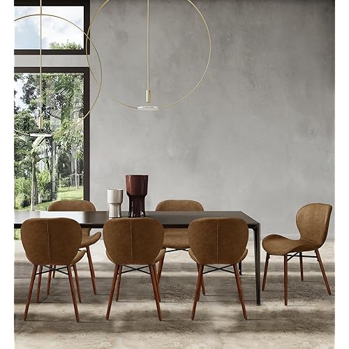 KithKasa Mid Century Modern Dining Chair Set of 6 Faux Leather Side Chair with Walnut Color Wood Legs for Kitchen Dining Room, Brown