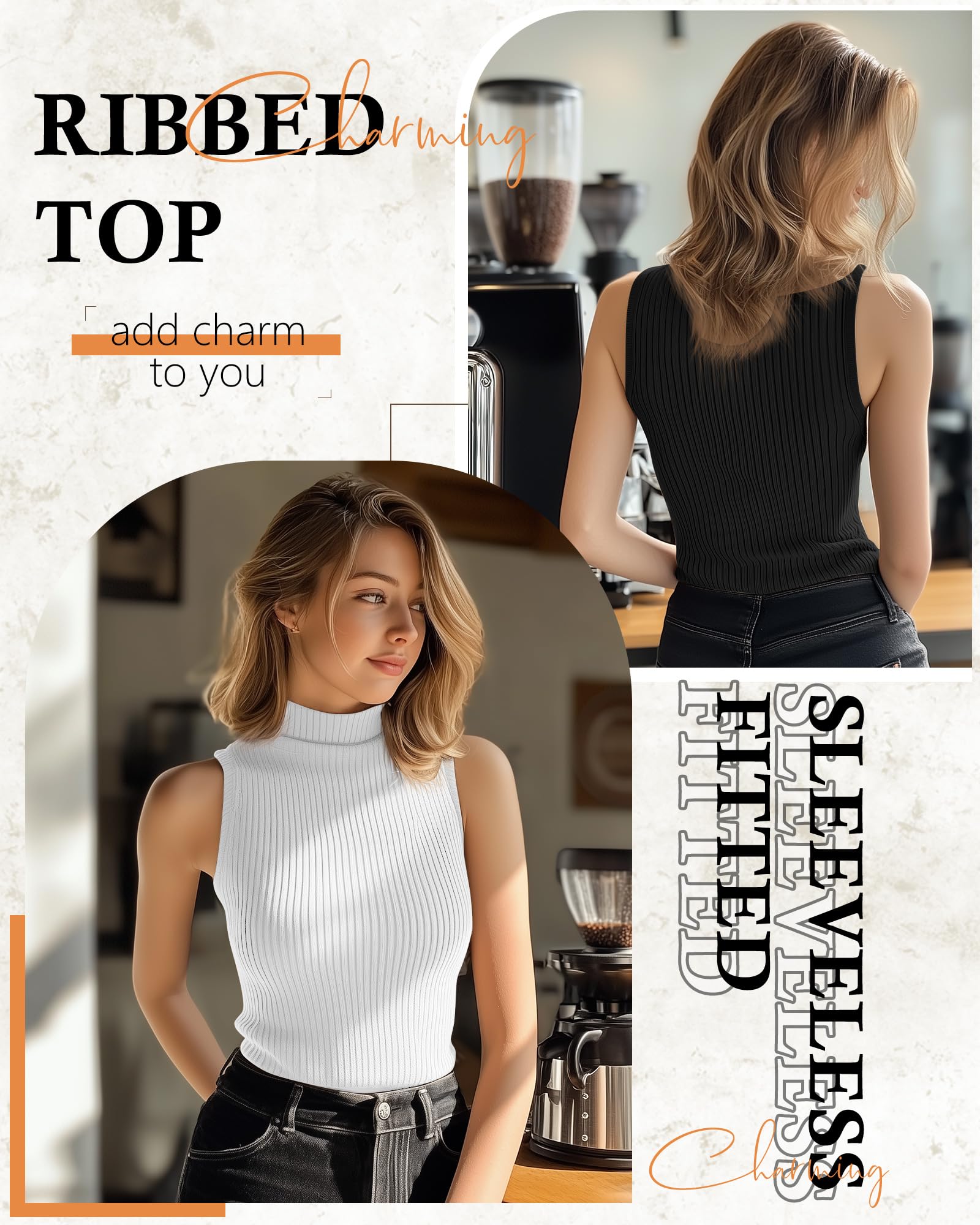 Lot de 3 Hauts sans Manches pour Femme : Cols Montants et Faux Cols, Débardeurs Côtelés Ajustés, T-Shirts Basiques