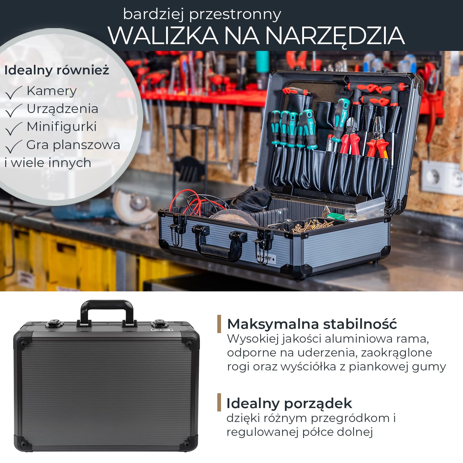 HMF Walizka aluminiowa na narzędzia z 17 wkładkami, Duża walizka z regulowanym podziałem wewnętrznym | 46 x 33 x 15 cm | Antracytowo-czarny
