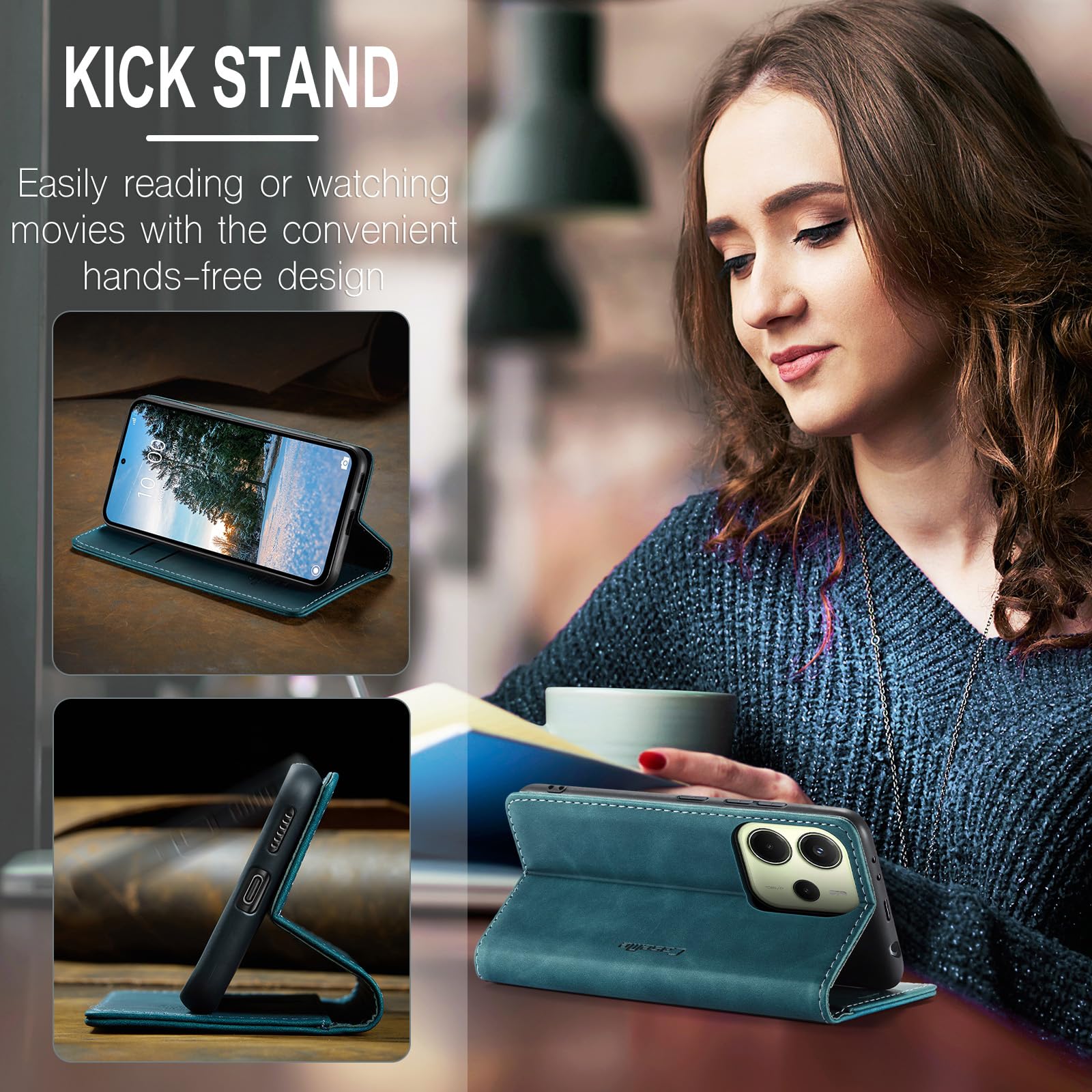 Azororo Cover per Xiaomi Redmi Note 14 4G, Premium PU Pelle Custodia, Magnetica Carta Fessura Portafoglio Case, Flip Cavalletto Custodia per Redmi Note 14 4G - Blu verde